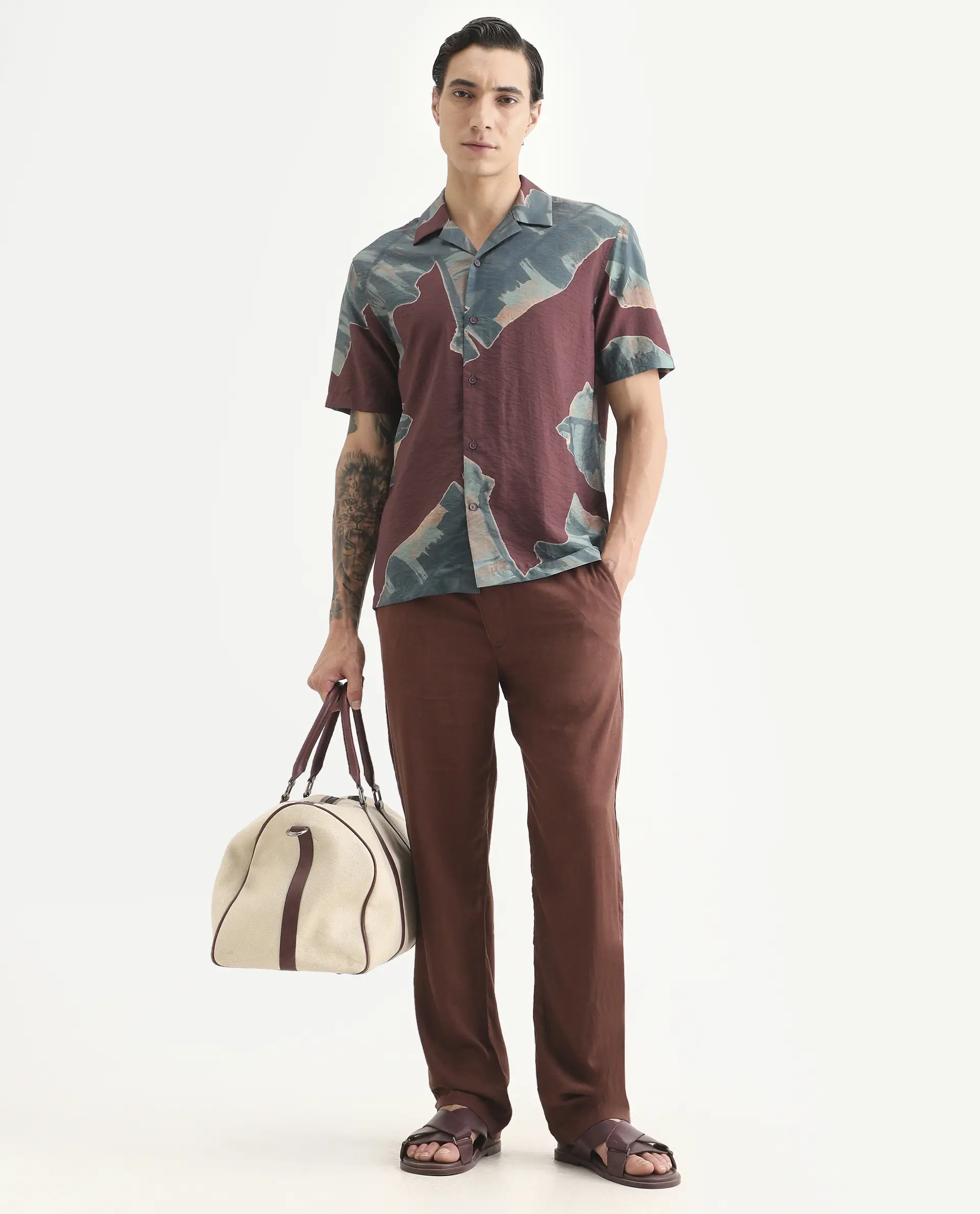 Rare Rabbit Men's Noxi Maroon Viscose Blend Fabric Half Sleeve Spread Collar Regular Fit Tropical Print Shirt - Image 2
