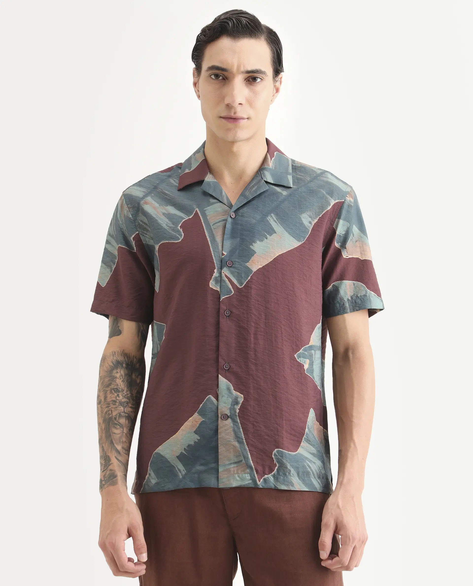 Rare Rabbit Men's Noxi Maroon Viscose Blend Fabric Half Sleeve Spread Collar Regular Fit Tropical Print Shirt - Image 4