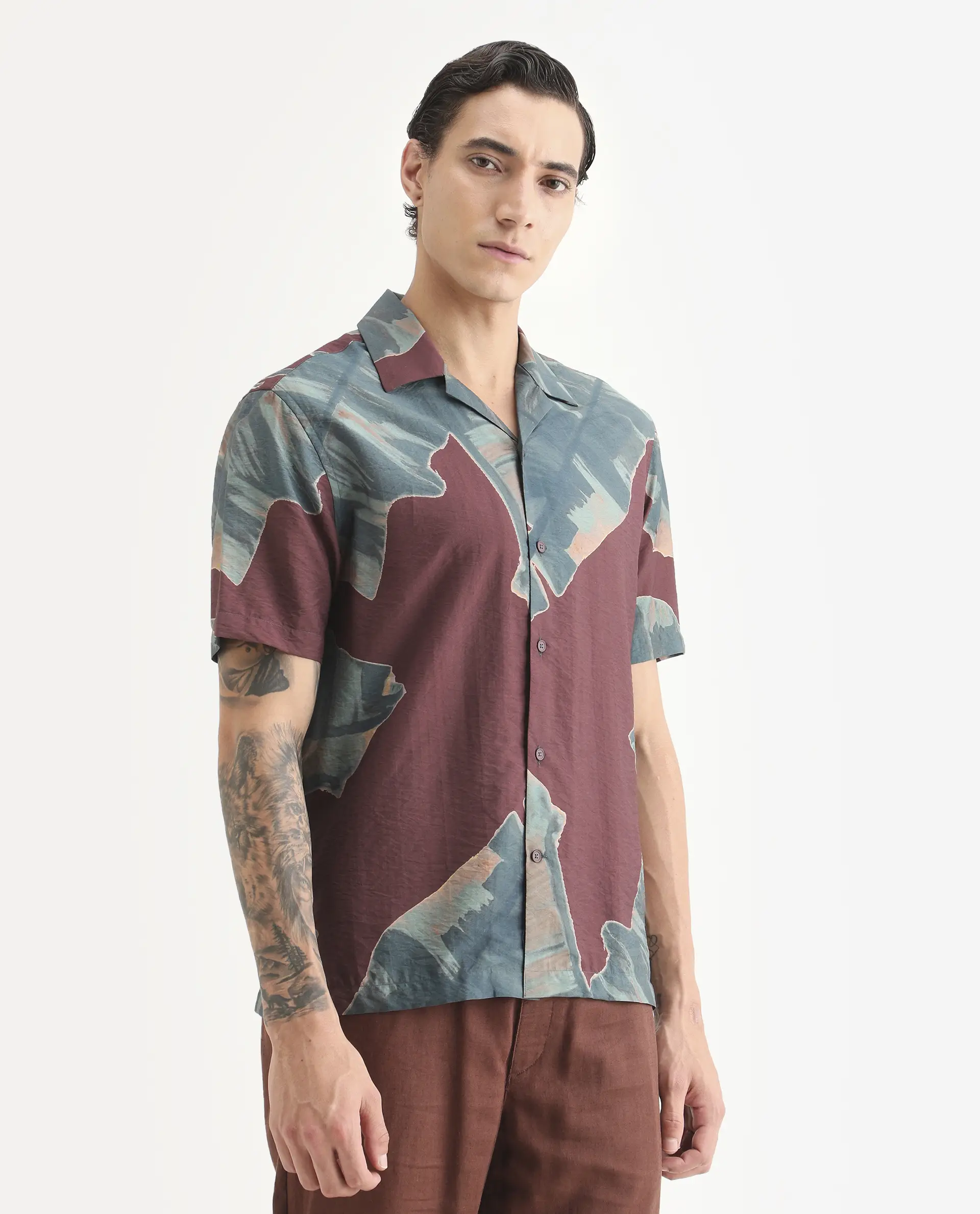 Rare Rabbit Men's Noxi Maroon Viscose Blend Fabric Half Sleeve Spread Collar Regular Fit Tropical Print Shirt - Image 5