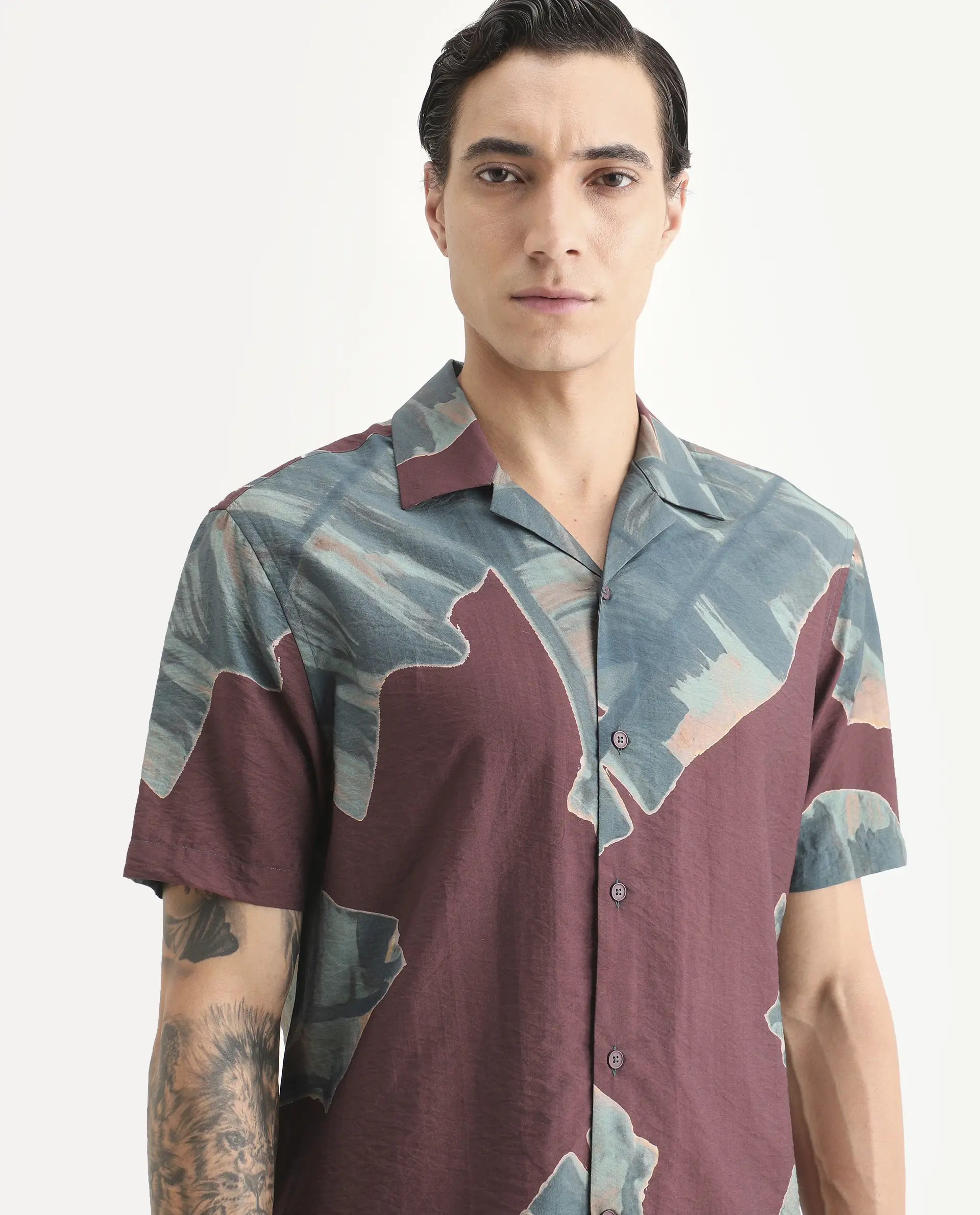 Rare Rabbit Men's Noxi Maroon Viscose Blend Fabric Half Sleeve Spread Collar Regular Fit Tropical Print Shirt - Image 6