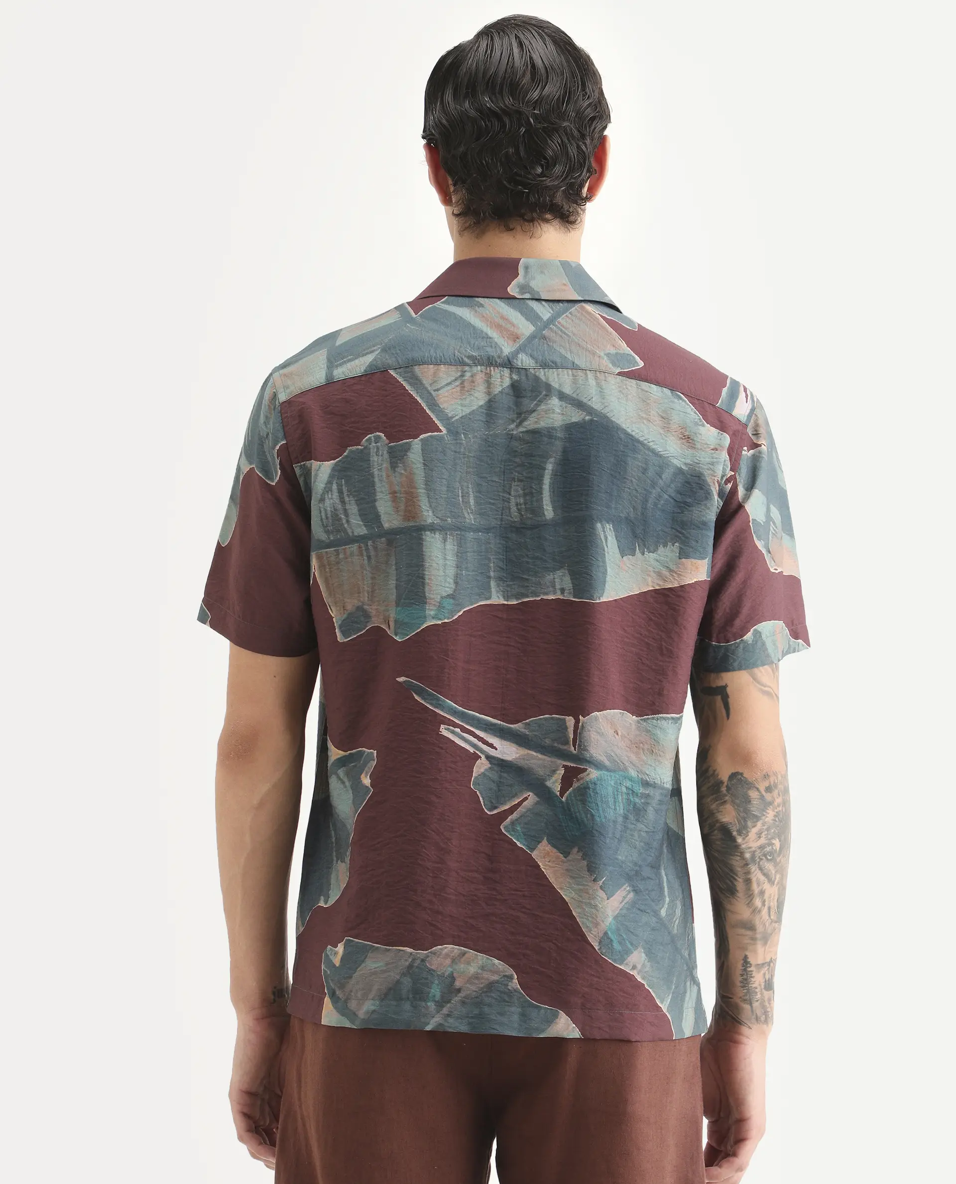 Rare Rabbit Men's Noxi Maroon Viscose Blend Fabric Half Sleeve Spread Collar Regular Fit Tropical Print Shirt - Image 7