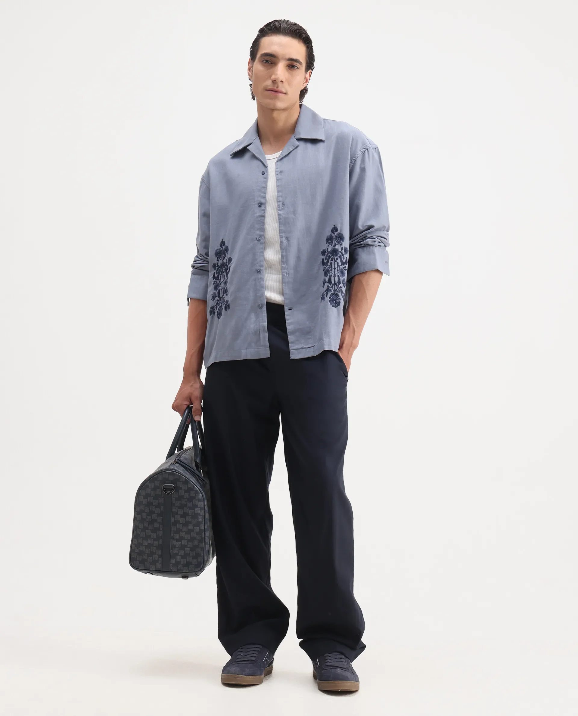 Rare Rabbit Men's Noyon Light Blue Cotton Embroidered Relaxed Fit Full Sleeve Cuban Collar Shirt - Image 2