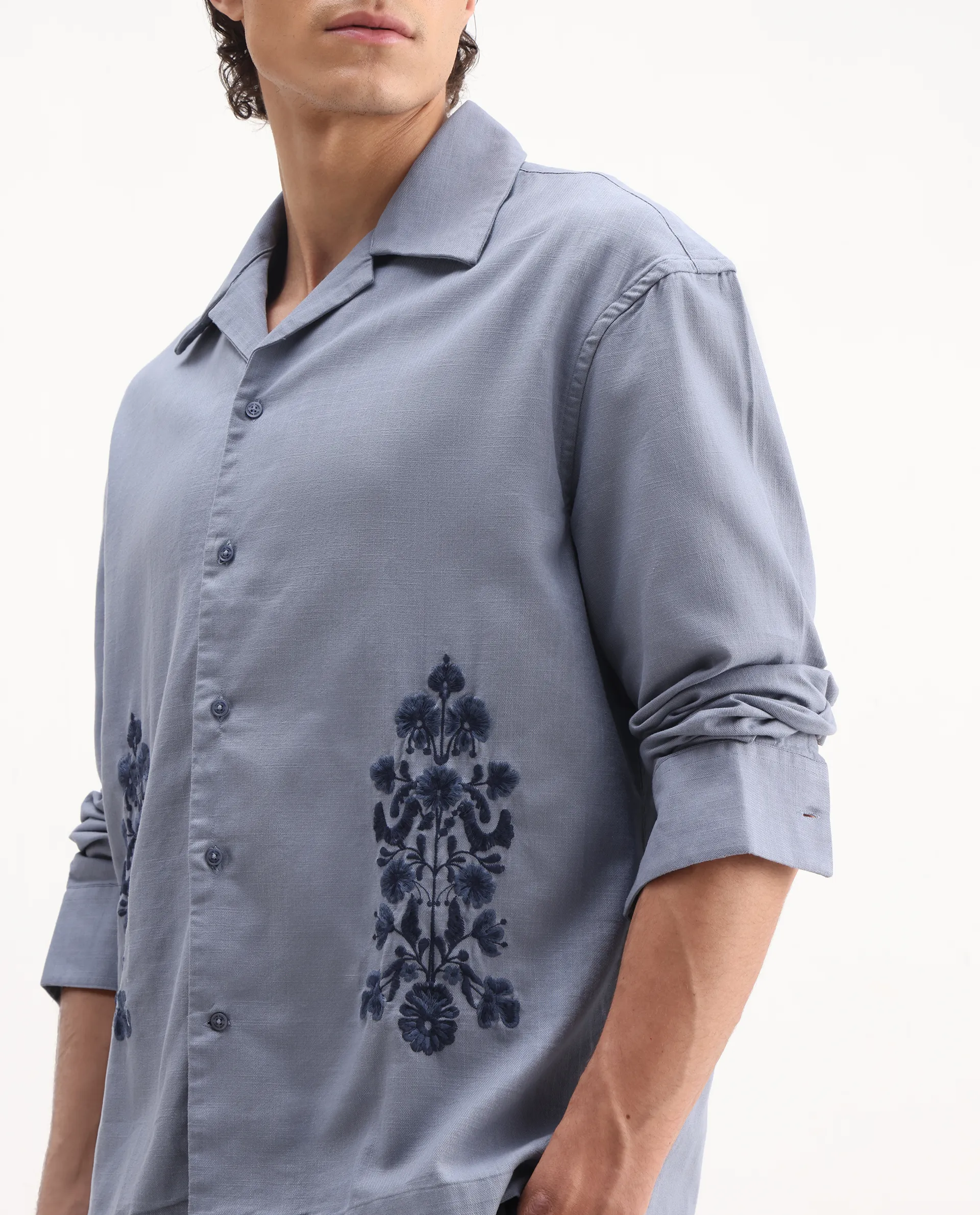 Rare Rabbit Men's Noyon Light Blue Cotton Embroidered Relaxed Fit Full Sleeve Cuban Collar Shirt - Image 3