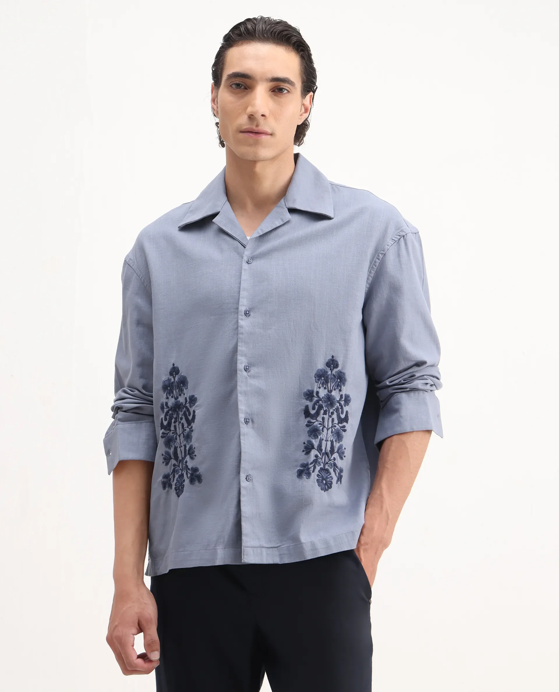 Rare Rabbit Men's Noyon Light Blue Cotton Embroidered Relaxed Fit Full Sleeve Cuban Collar Shirt - Image 4