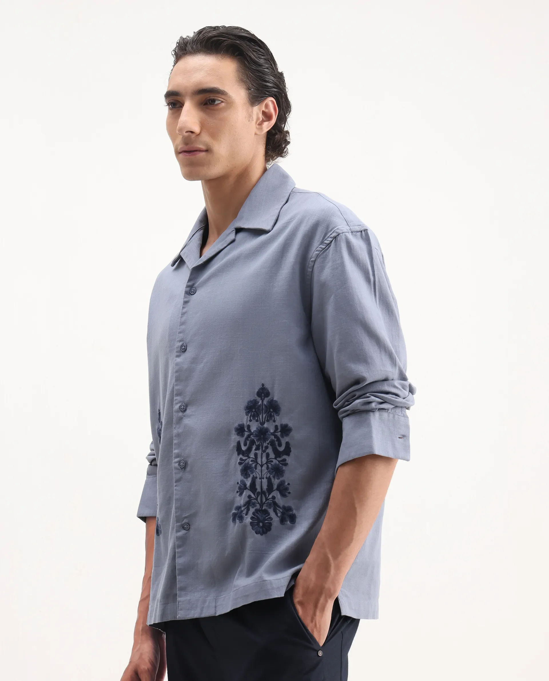 Rare Rabbit Men's Noyon Light Blue Cotton Embroidered Relaxed Fit Full Sleeve Cuban Collar Shirt - Image 5