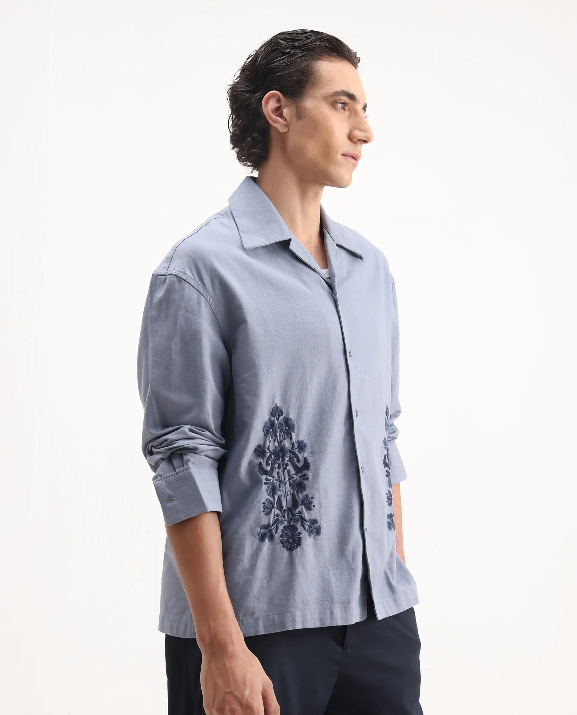 Rare Rabbit Men's Noyon Light Blue Cotton Embroidered Relaxed Fit Full Sleeve Cuban Collar Shirt - Image 6