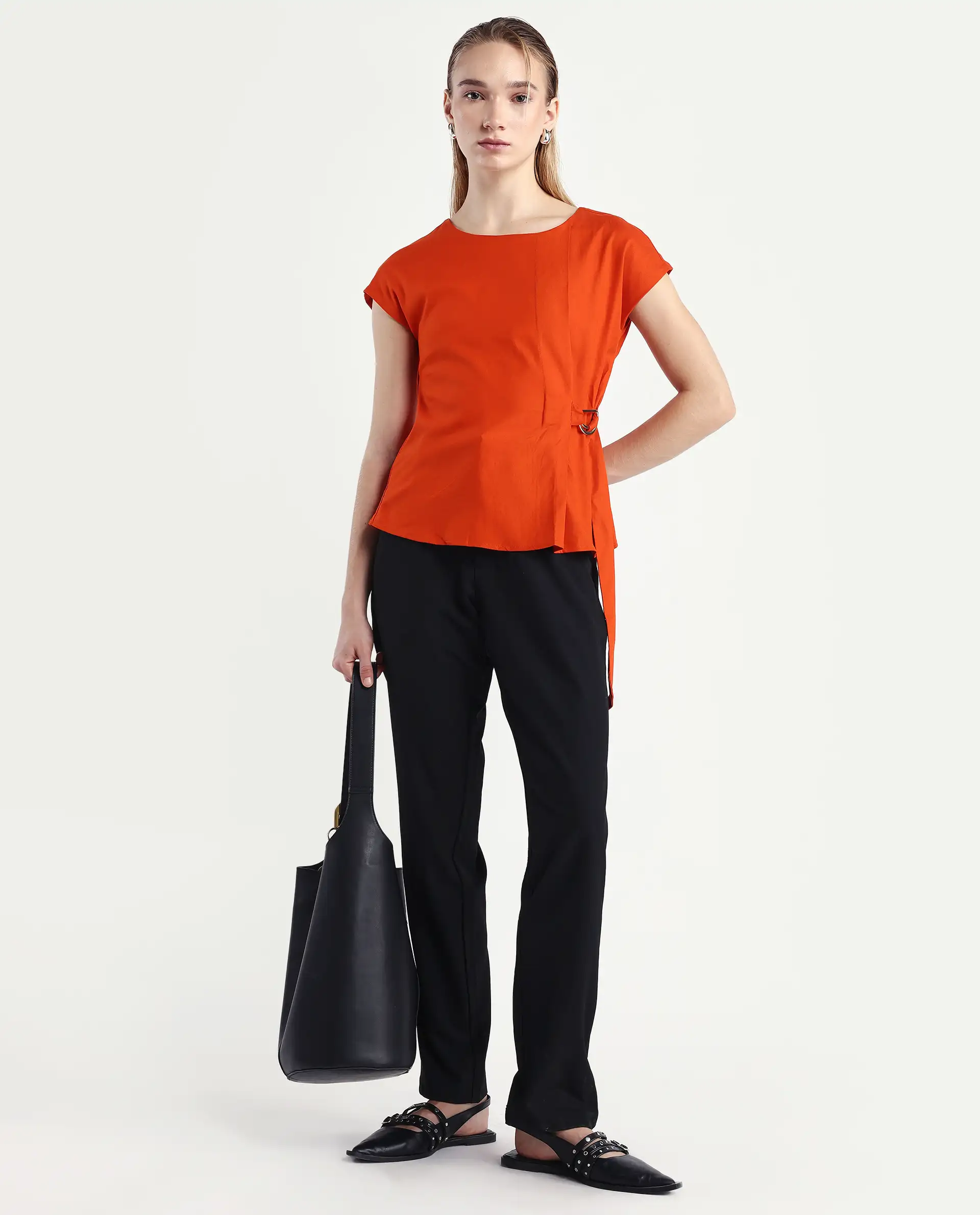 Rareism Women's Nrob Orange Viscose Blend Crew Neck Plain Extended Sleeves Regular Fit Top - Image 2