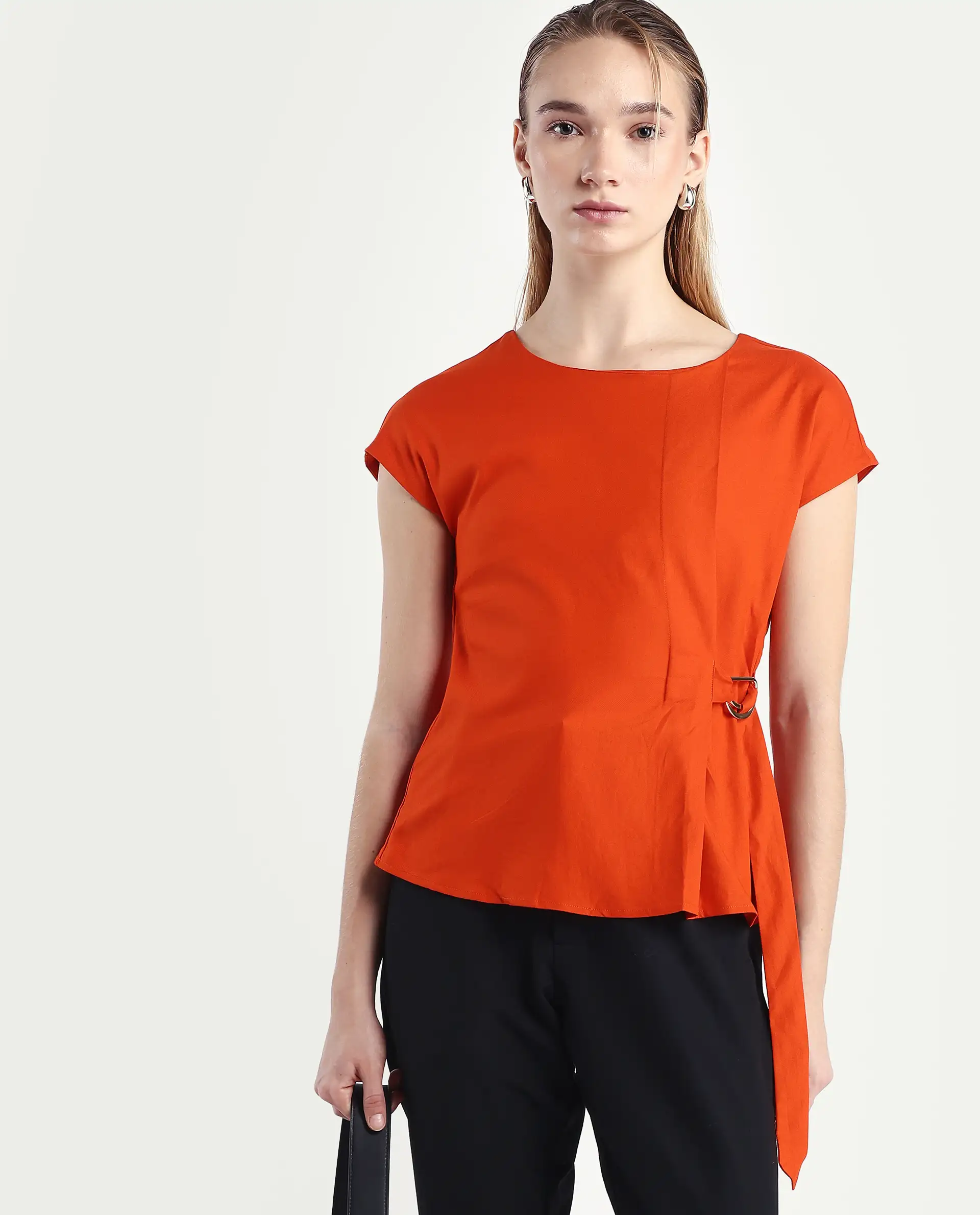 Rareism Women's Nrob Orange Viscose Blend Crew Neck Plain Extended Sleeves Regular Fit Top - Image 3