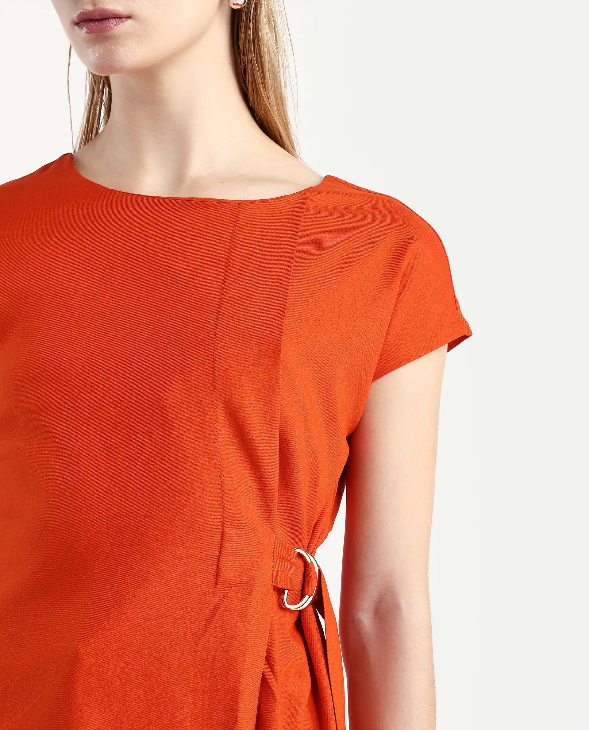 Rareism Women's Nrob Orange Viscose Blend Crew Neck Plain Extended Sleeves Regular Fit Top - Image 4