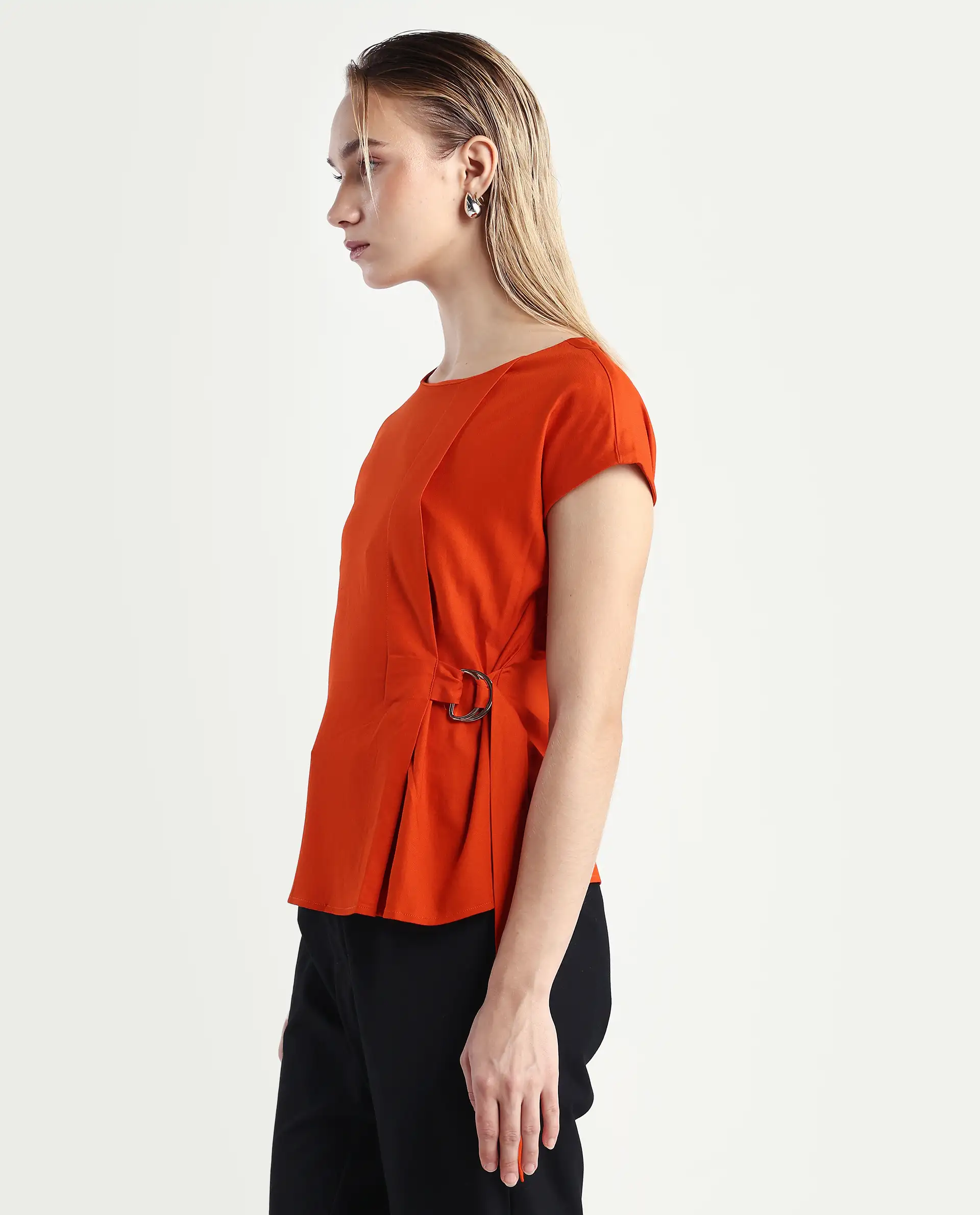 Rareism Women's Nrob Orange Viscose Blend Crew Neck Plain Extended Sleeves Regular Fit Top - Image 5