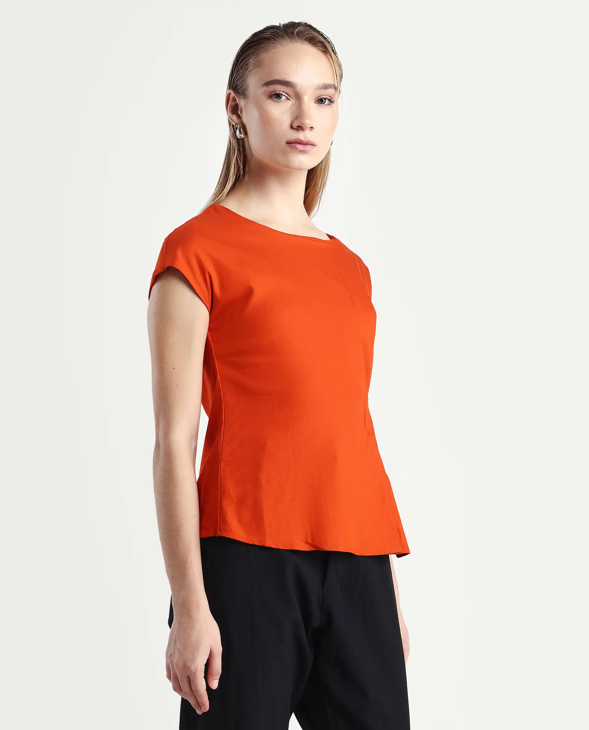 Rareism Women's Nrob Orange Viscose Blend Crew Neck Plain Extended Sleeves Regular Fit Top - Image 6