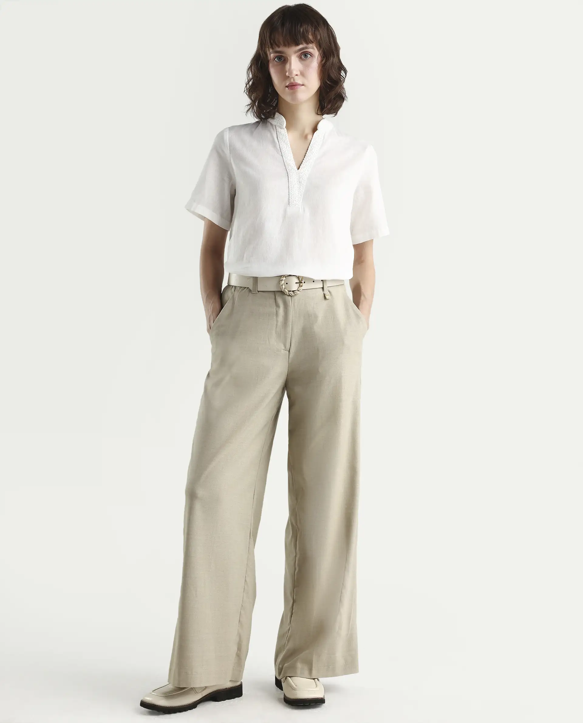 Rareism Women's Nubag Off White Cotton Blend Half Sleeve Mandarin Collar Regular Fit Top - Image 2