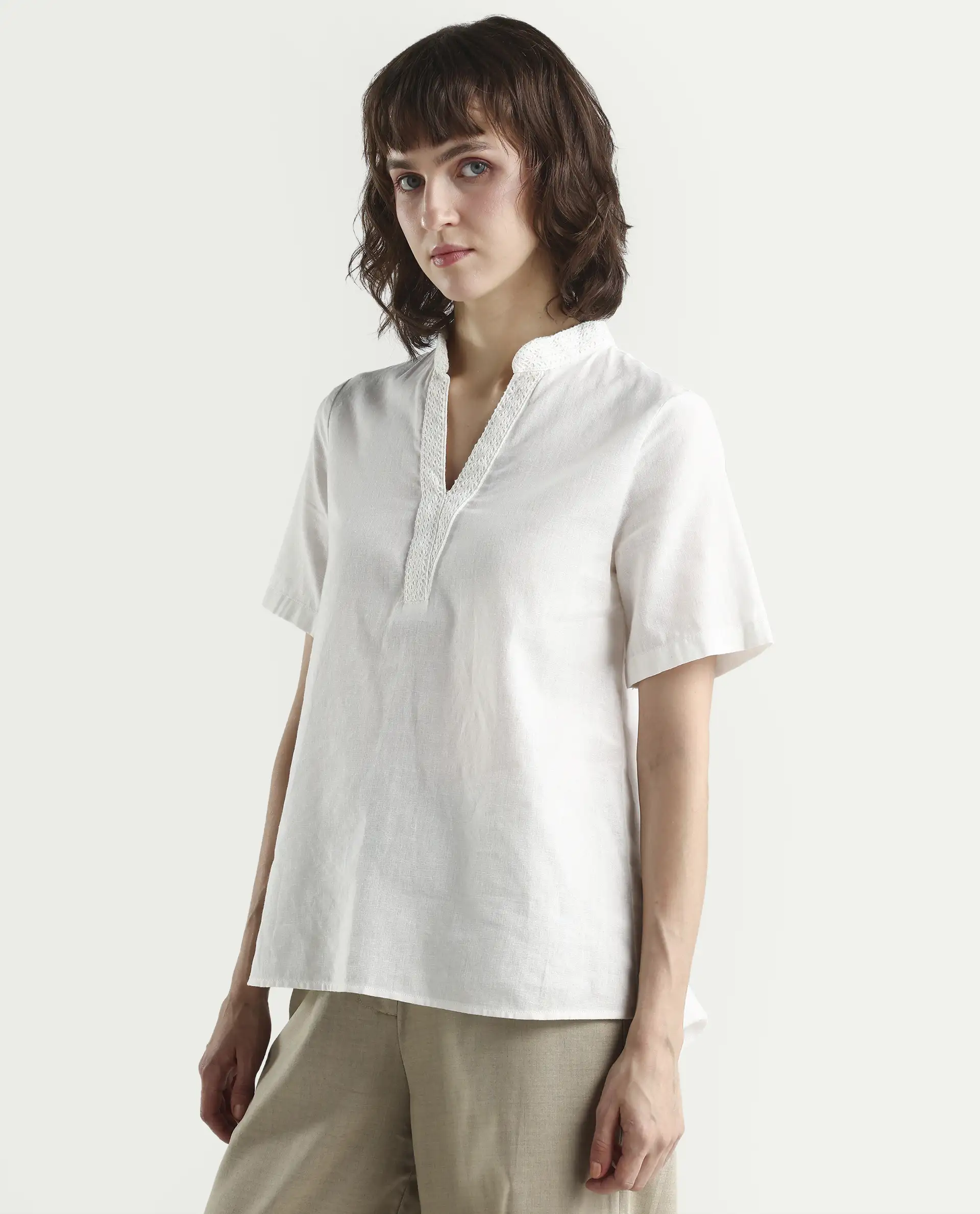 Rareism Women's Nubag Off White Cotton Blend Half Sleeve Mandarin Collar Regular Fit Top - Image 5