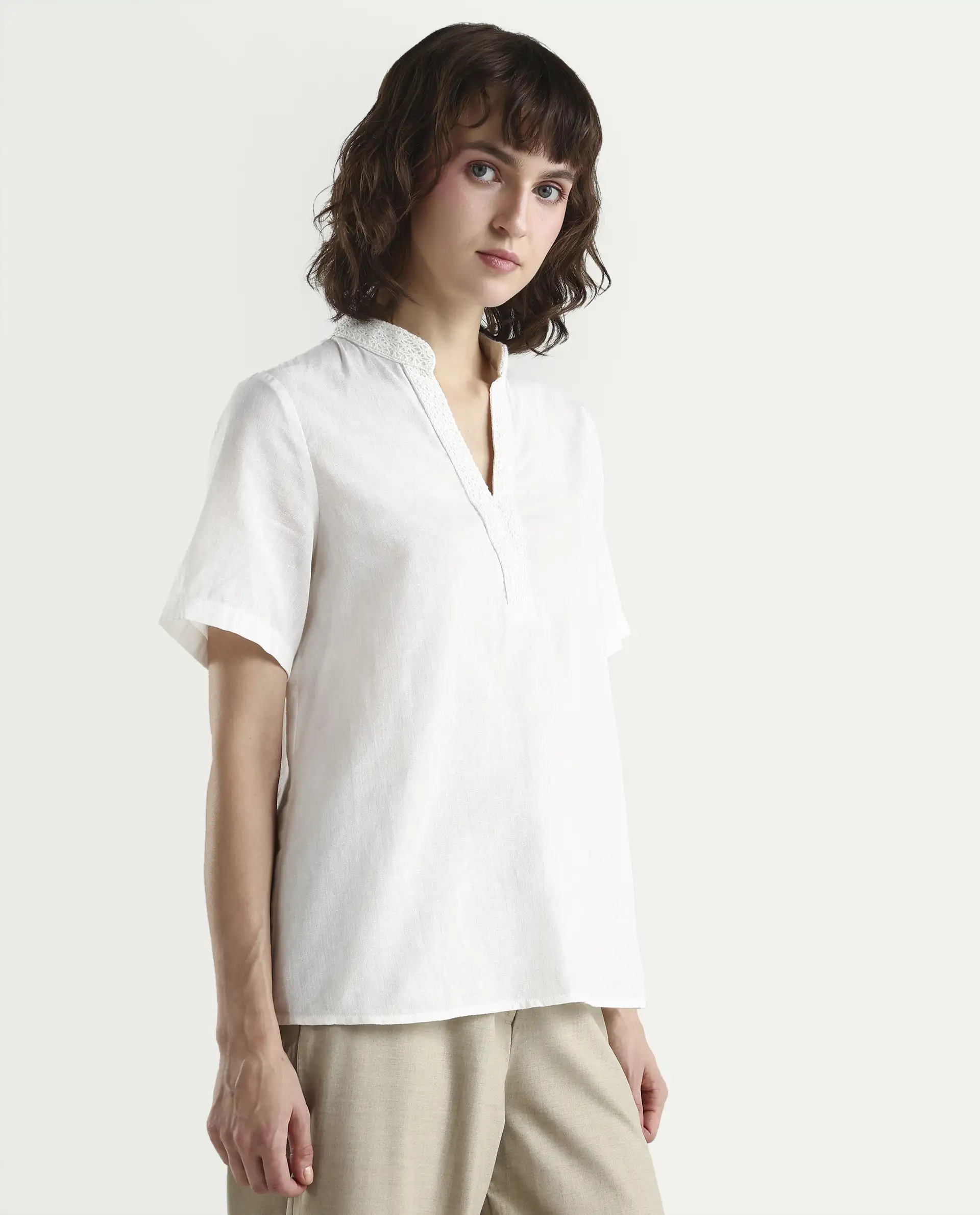 Rareism Women's Nubag Off White Cotton Blend Half Sleeve Mandarin Collar Regular Fit Top - Image 6