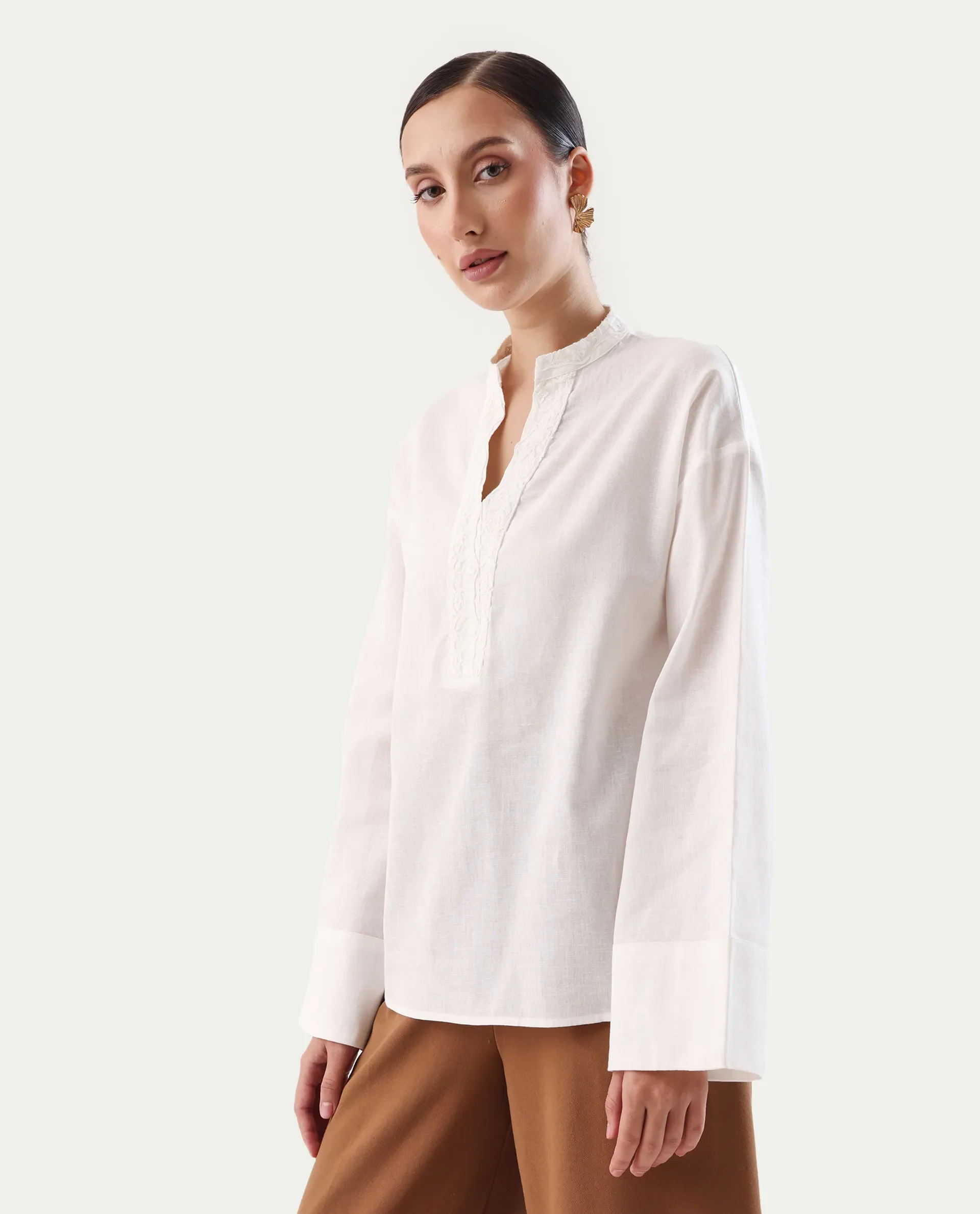 Rareism Women's Nubank Off White Cotton Blend Mandarin Collar Regular Fit Plain Top - Image 5