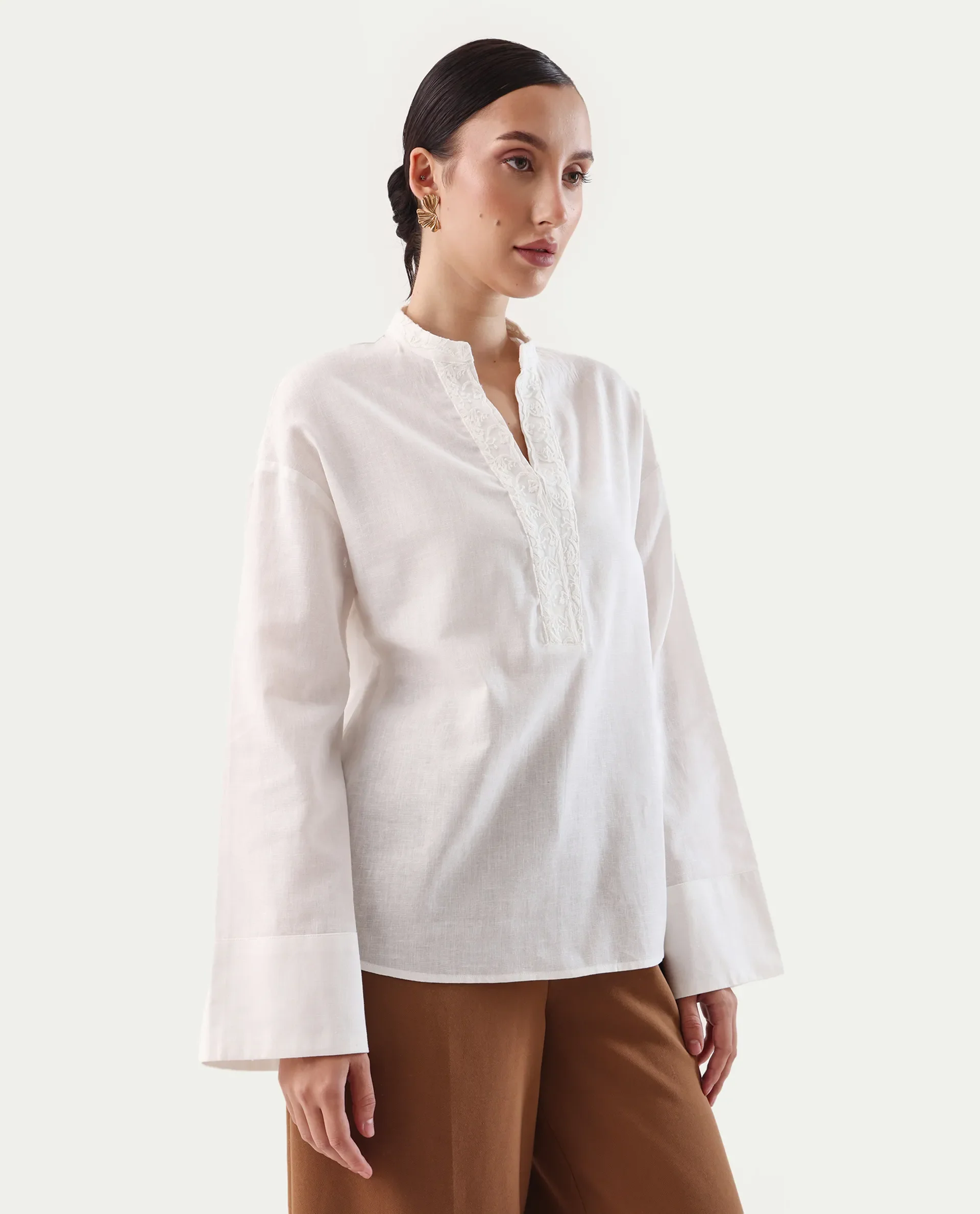 Rareism Women's Nubank Off White Cotton Blend Mandarin Collar Regular Fit Plain Top - Image 6