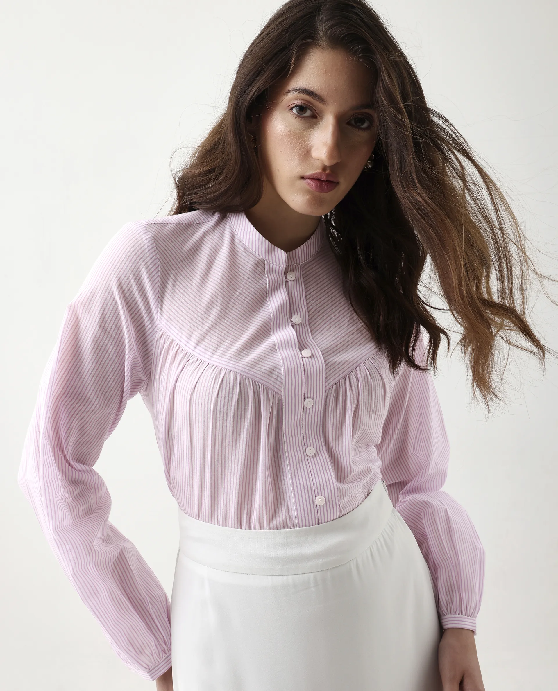 Rareism Women's Nubelo Purple Cotton Mandarin Collar Regular Fit Top