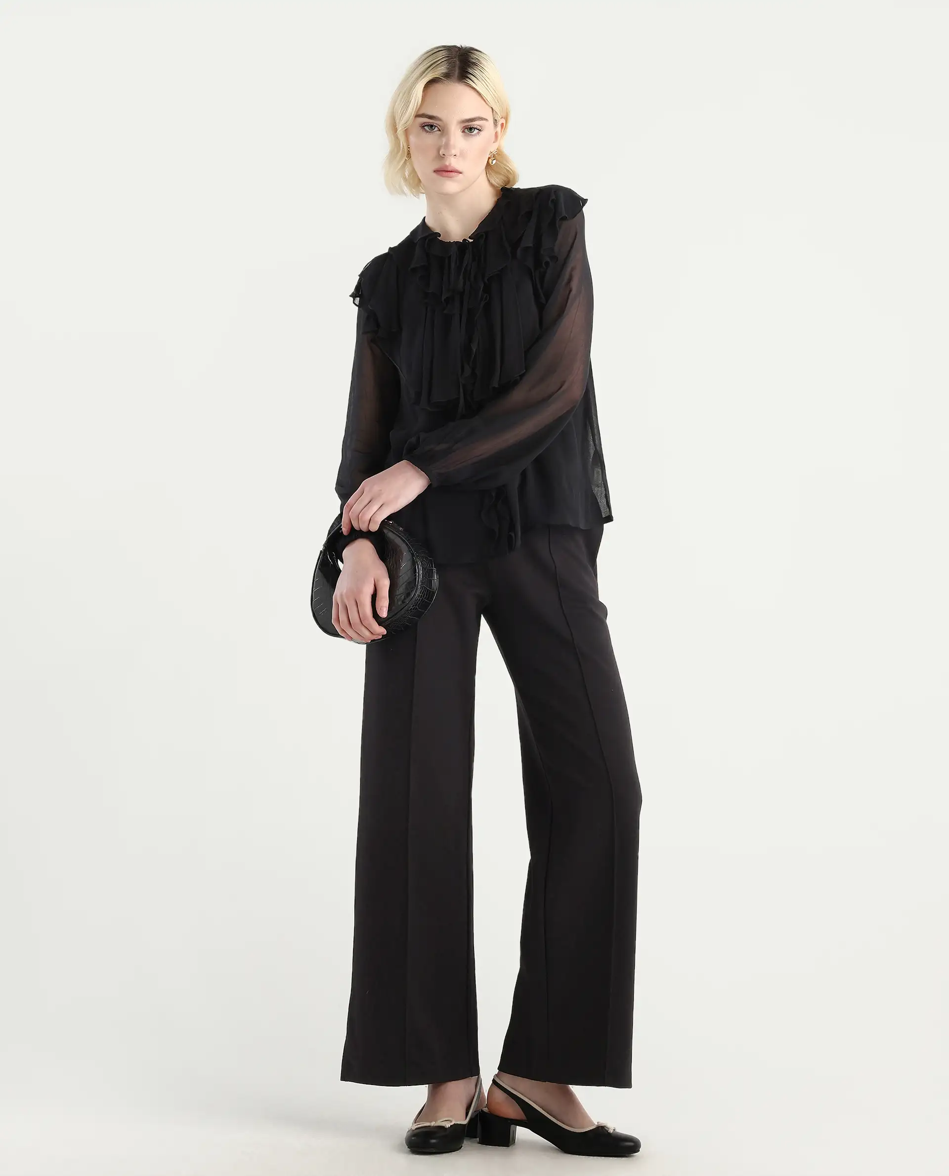Rareism Women's Nubin Black Polyester Bishop Sleeve Ruffled Neck Regular Fit Plain Top - Image 2