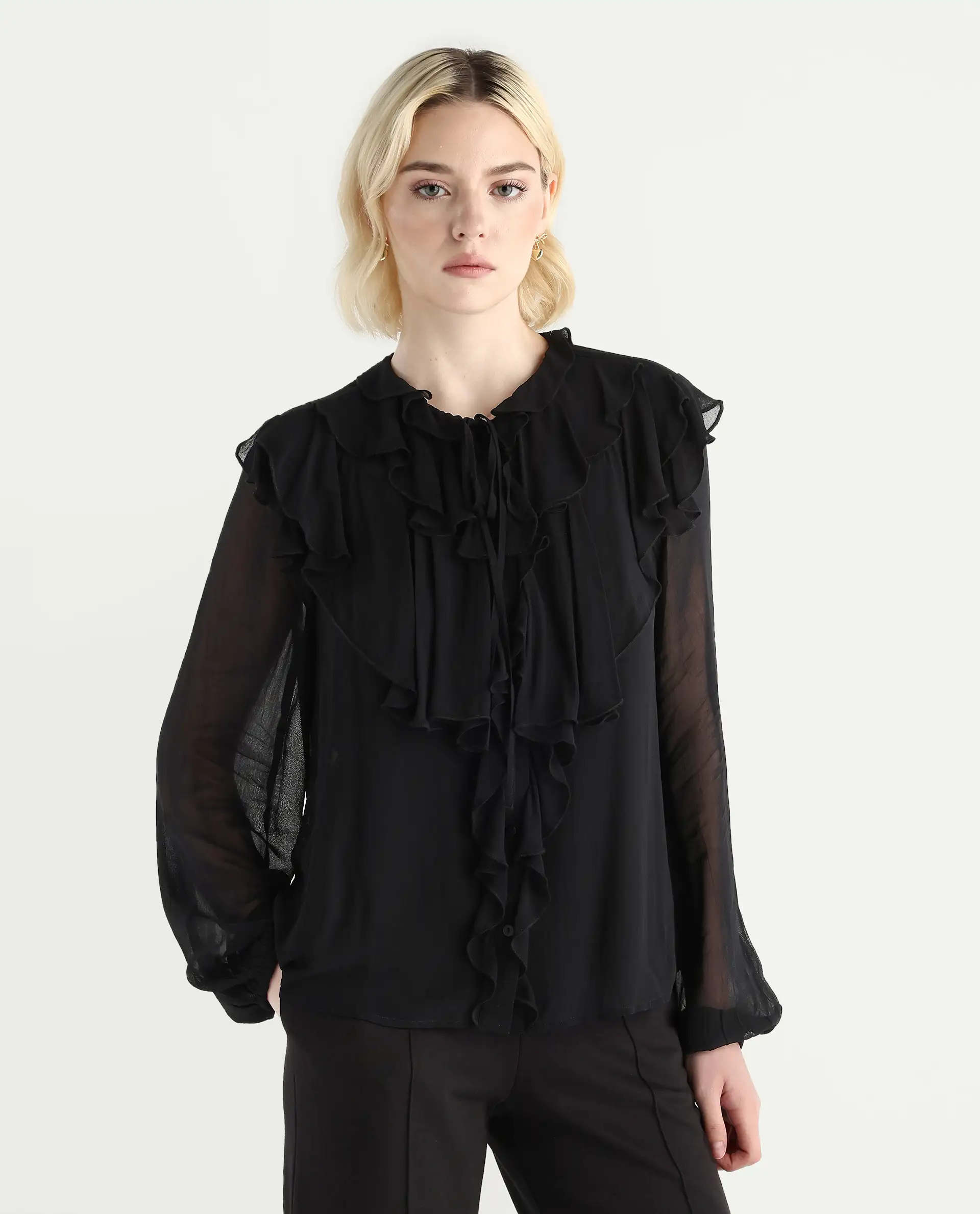 Rareism Women's Nubin Black Polyester Bishop Sleeve Ruffled Neck Regular Fit Plain Top - Image 3