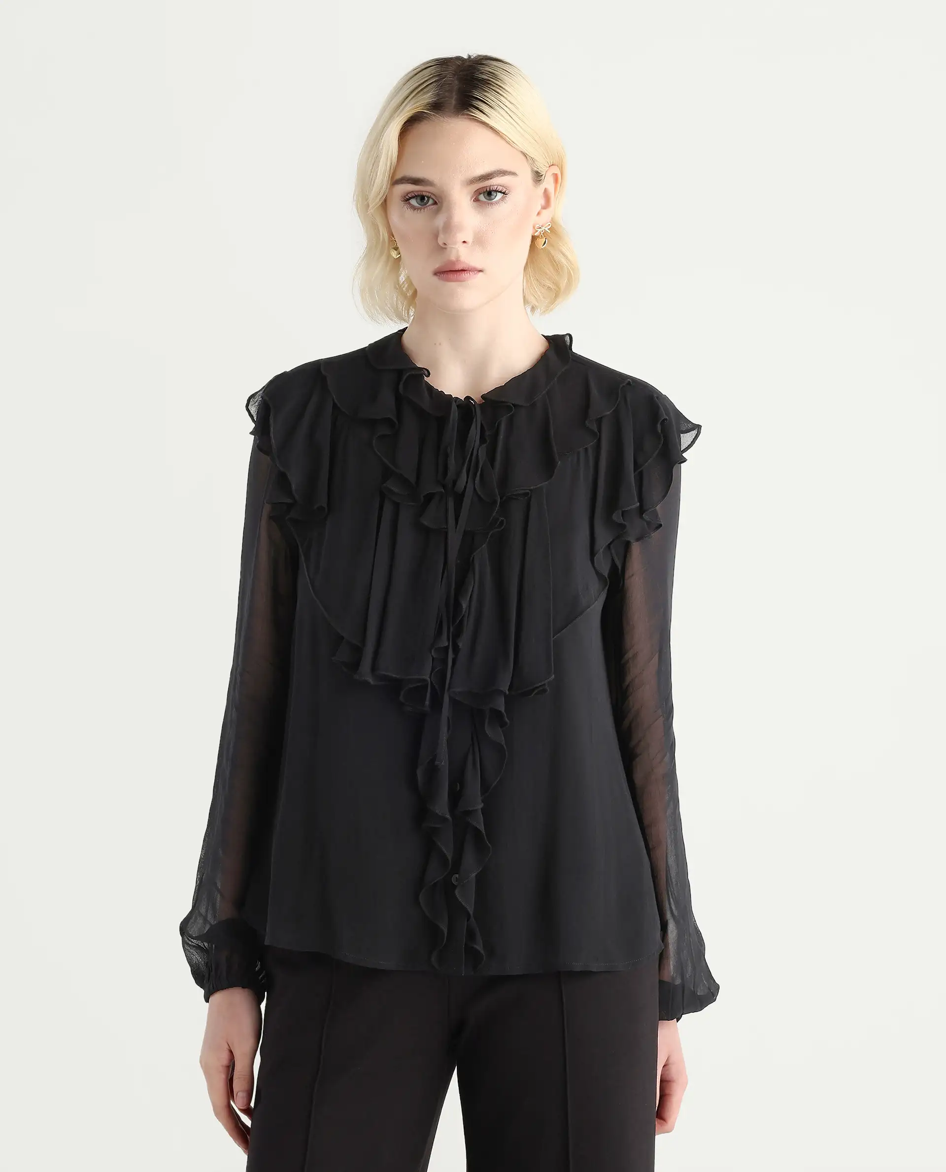 Rareism Women's Nubin Black Polyester Bishop Sleeve Ruffled Neck Regular Fit Plain Top - Image 4