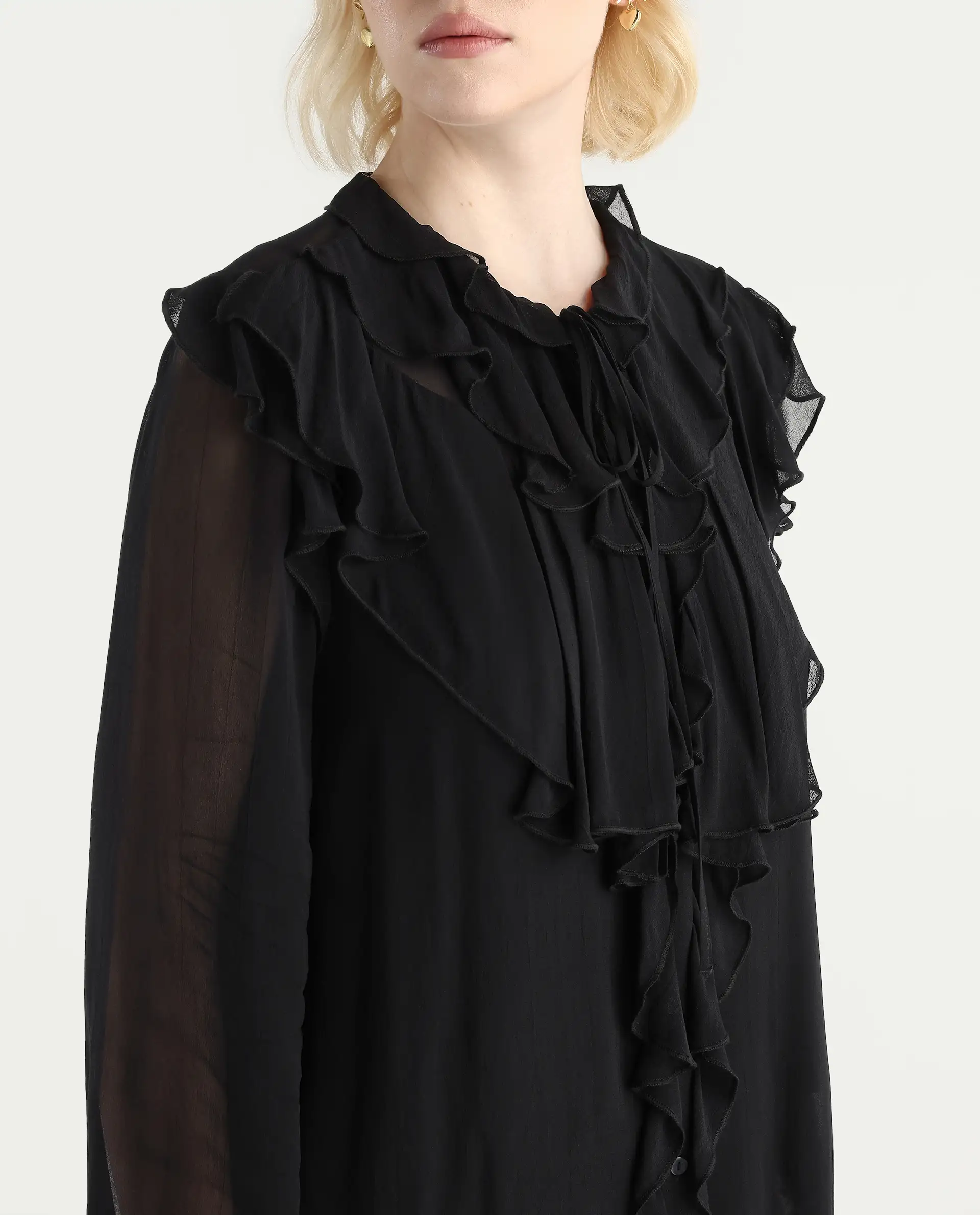 Rareism Women's Nubin Black Polyester Bishop Sleeve Ruffled Neck Regular Fit Plain Top - Image 5