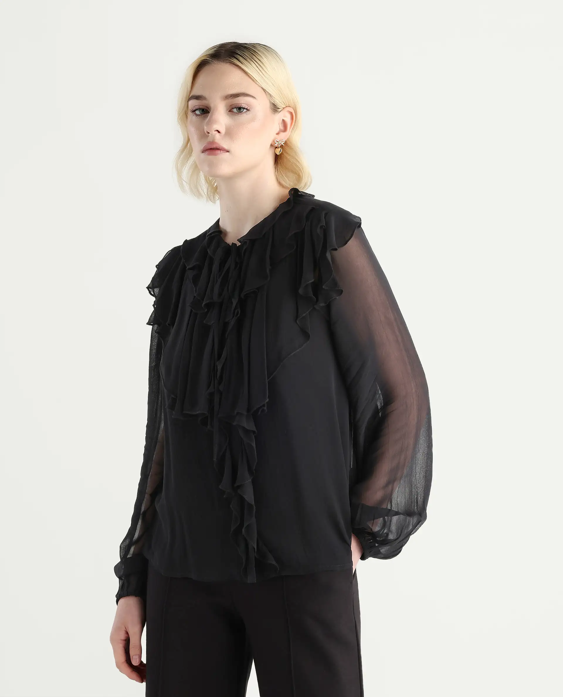 Rareism Women's Nubin Black Polyester Bishop Sleeve Ruffled Neck Regular Fit Plain Top - Image 6