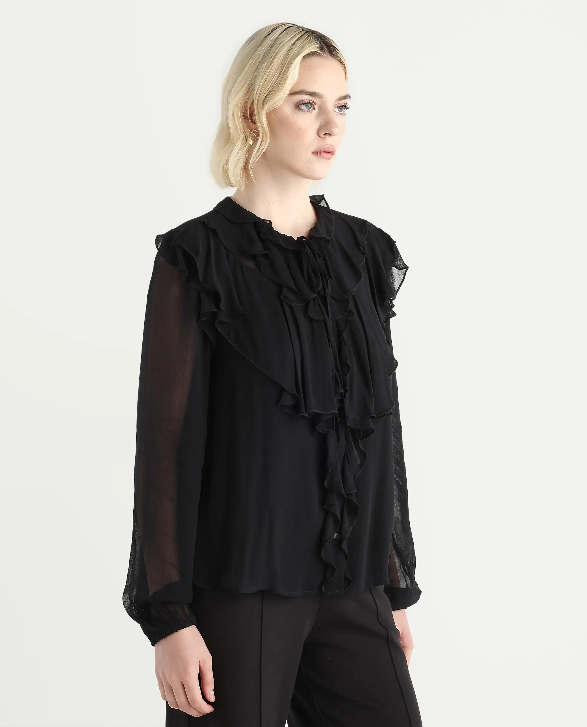 Rareism Women's Nubin Black Polyester Bishop Sleeve Ruffled Neck Regular Fit Plain Top - Image 7