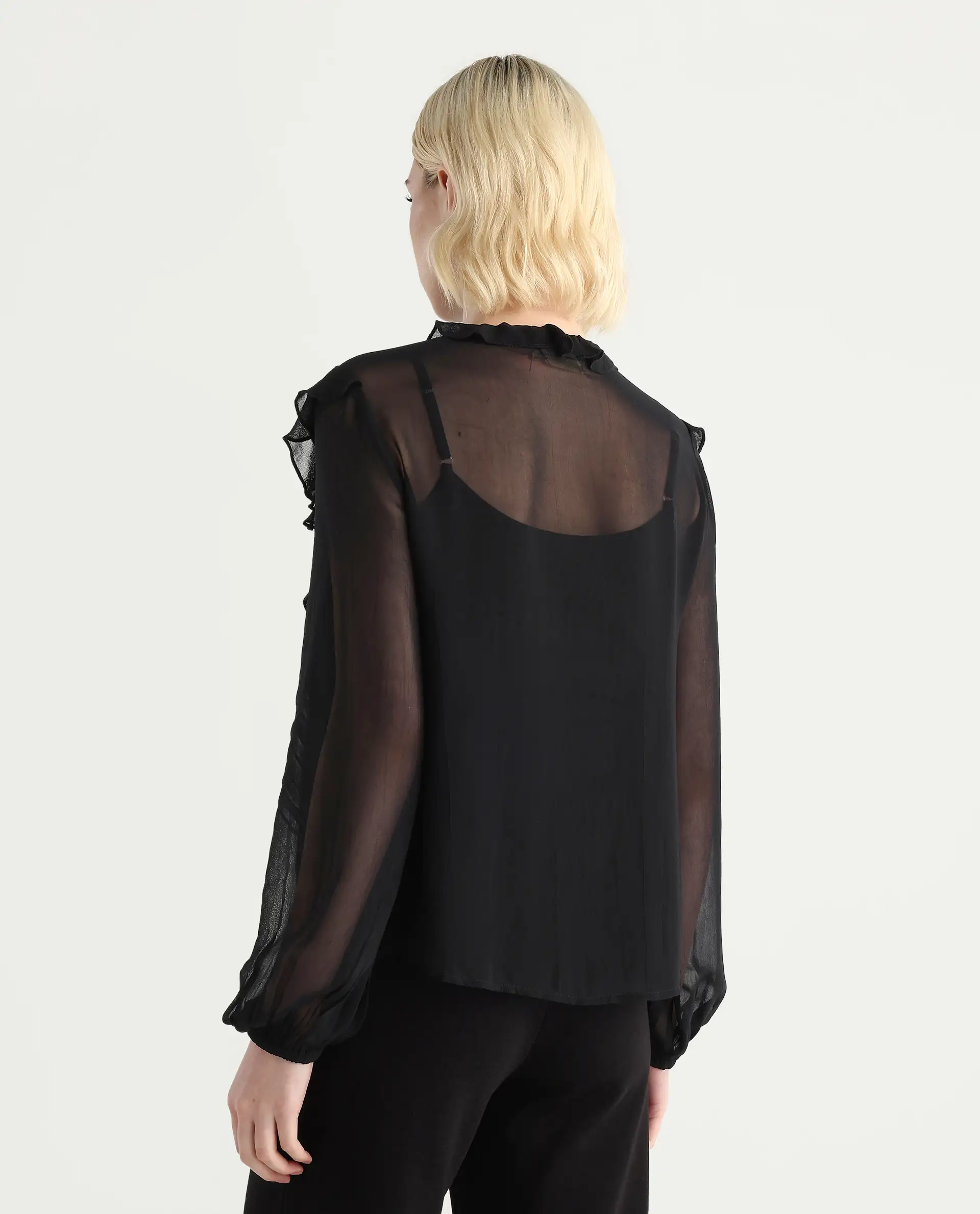Rareism Women's Nubin Black Polyester Bishop Sleeve Ruffled Neck Regular Fit Plain Top - Image 8