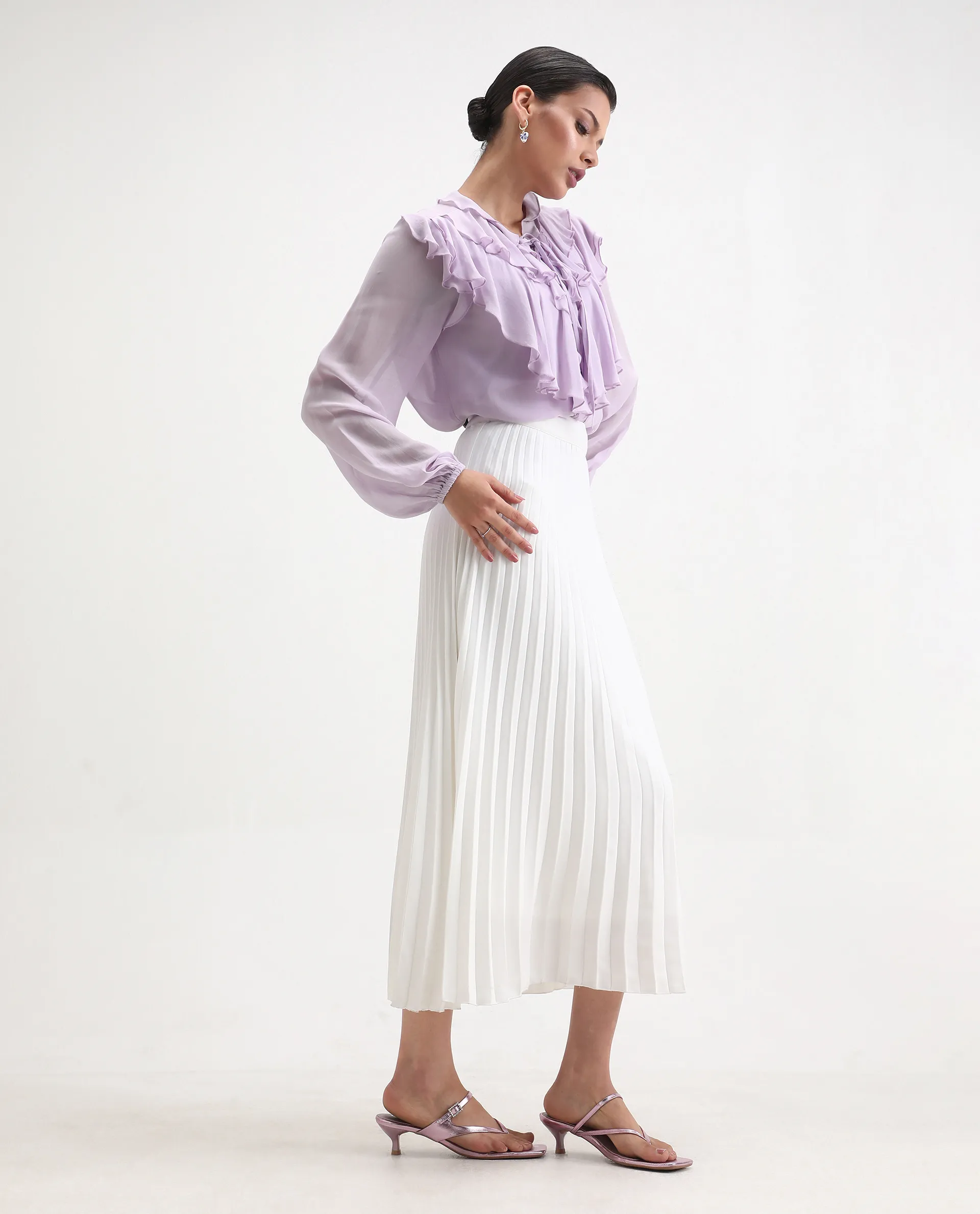 Rareism Women's Nubin Pastel Purple Polyester Bishop Sleeve Ruffled Neck Regular Fit Plain Top - Image 2