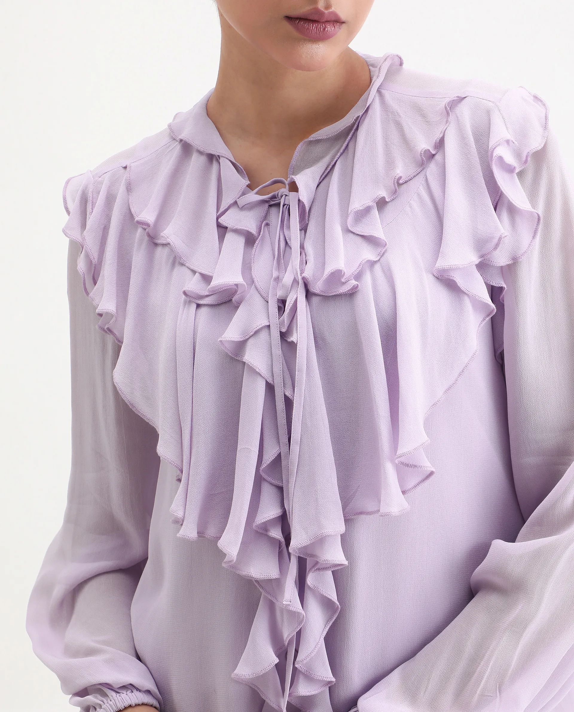 Rareism Women's Nubin Pastel Purple Polyester Bishop Sleeve Ruffled Neck Regular Fit Plain Top - Image 3