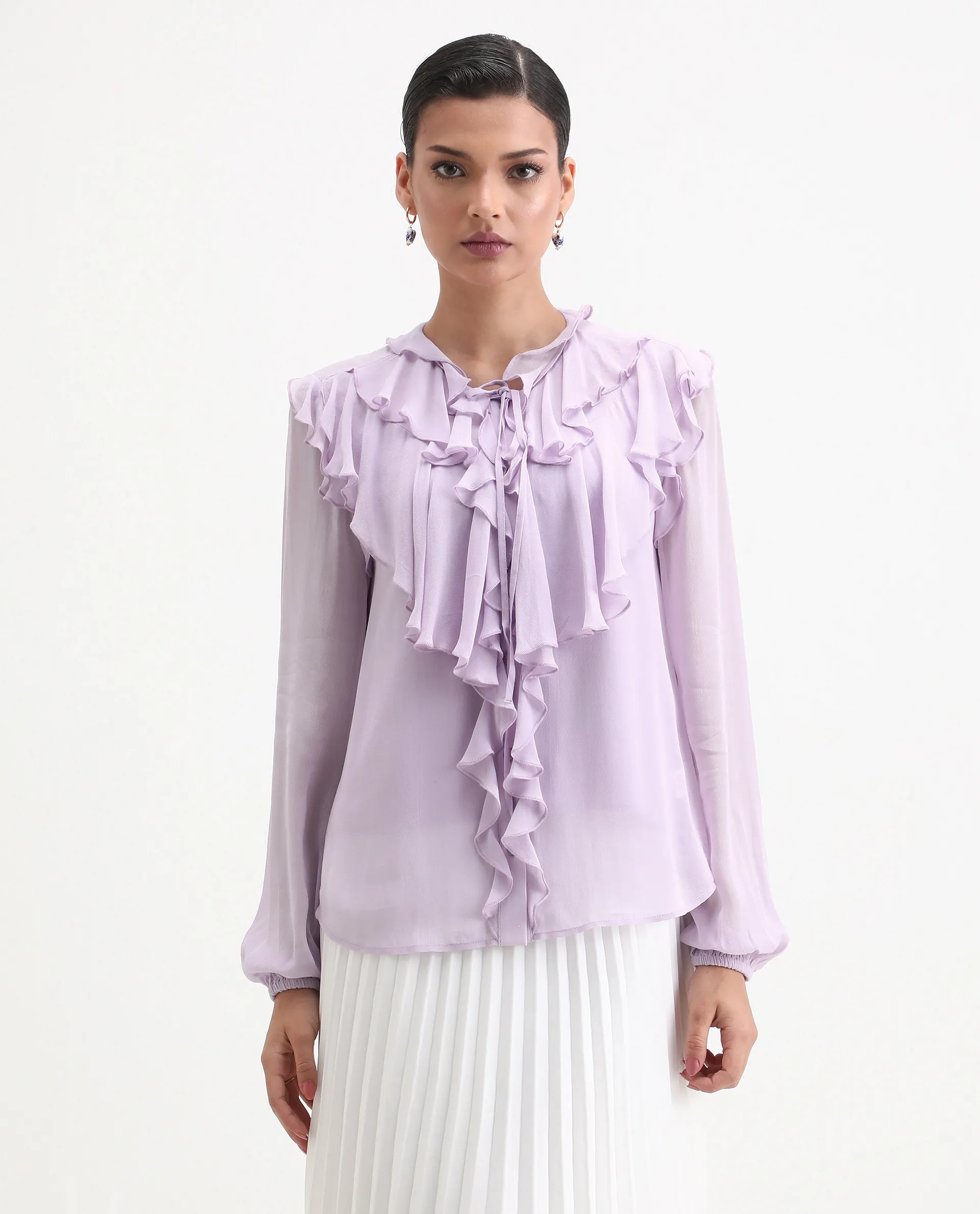 Rareism Women's Nubin Pastel Purple Polyester Bishop Sleeve Ruffled Neck Regular Fit Plain Top - Image 4