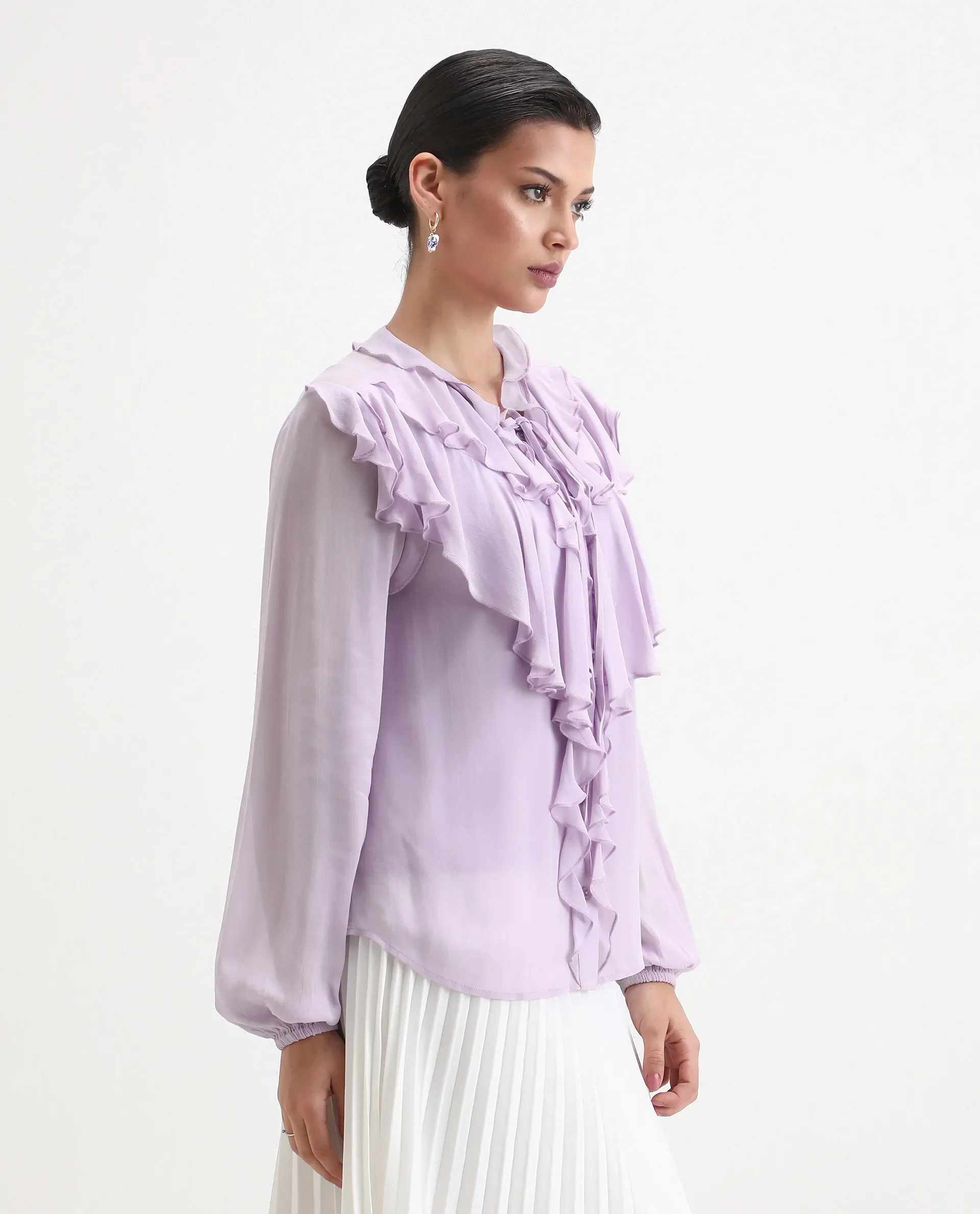 Rareism Women's Nubin Pastel Purple Polyester Bishop Sleeve Ruffled Neck Regular Fit Plain Top - Image 5