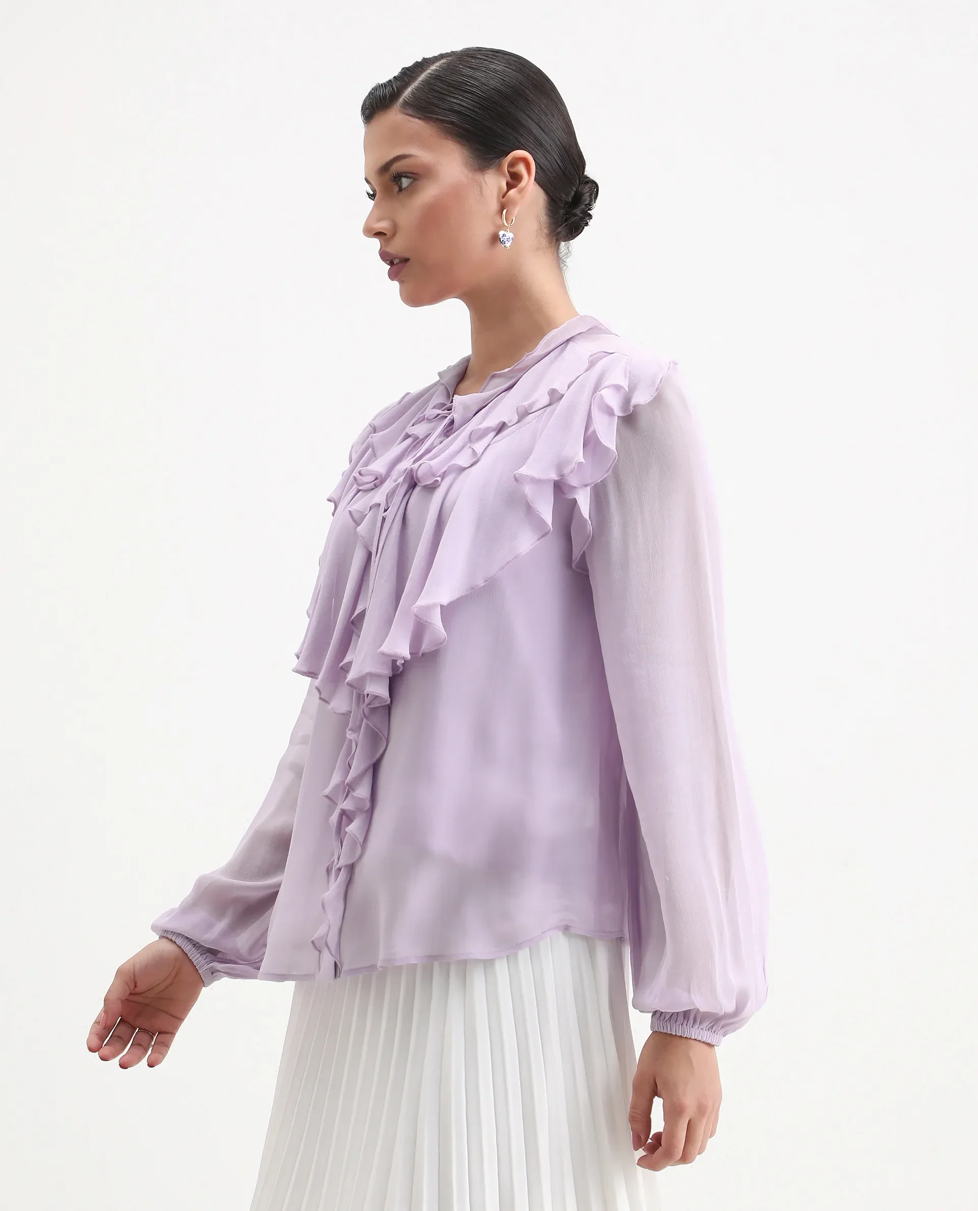 Rareism Women's Nubin Pastel Purple Polyester Bishop Sleeve Ruffled Neck Regular Fit Plain Top - Image 6