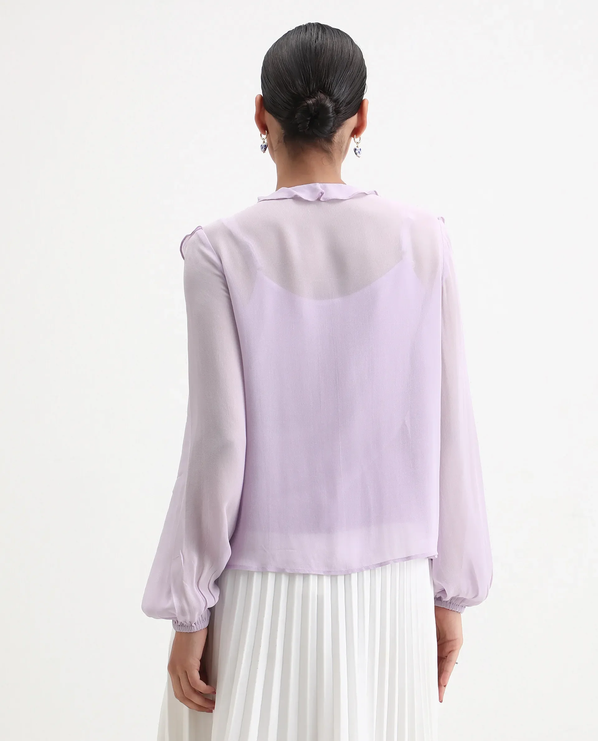Rareism Women's Nubin Pastel Purple Polyester Bishop Sleeve Ruffled Neck Regular Fit Plain Top - Image 7
