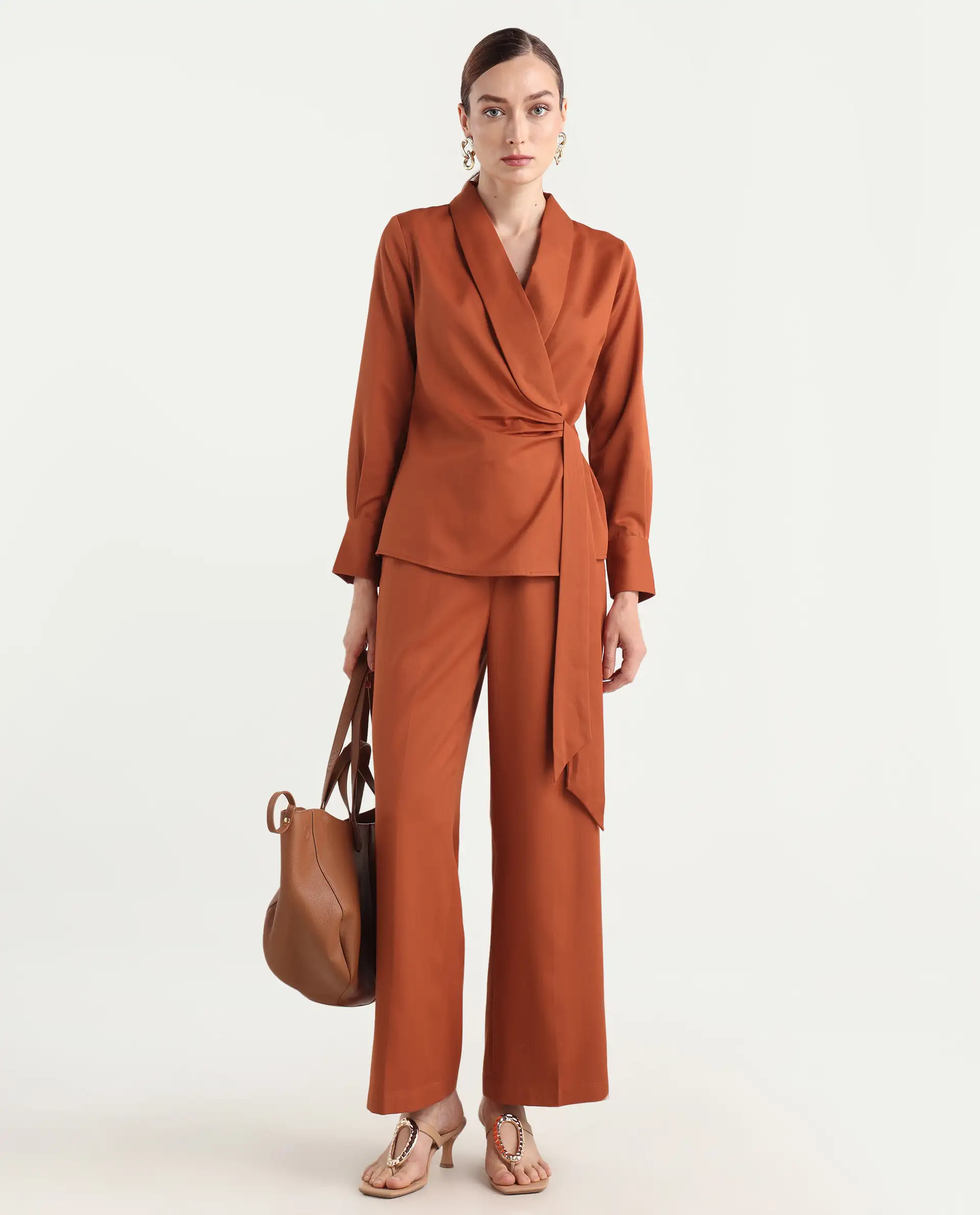 Rareism Women's Nublin-T Rust Polyester Blend Full Sleeve Lapel Neck Regular Fit Top - Image 2