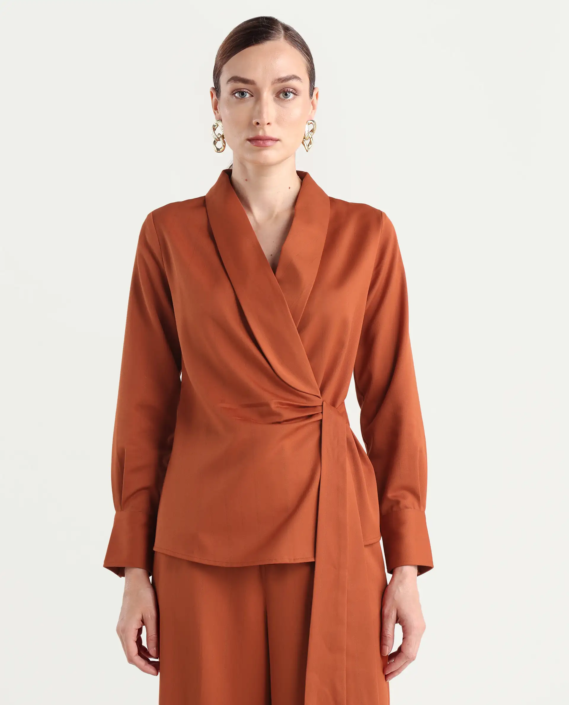 Rareism Women's Nublin-T Rust Polyester Blend Full Sleeve Lapel Neck Regular Fit Top - Image 3