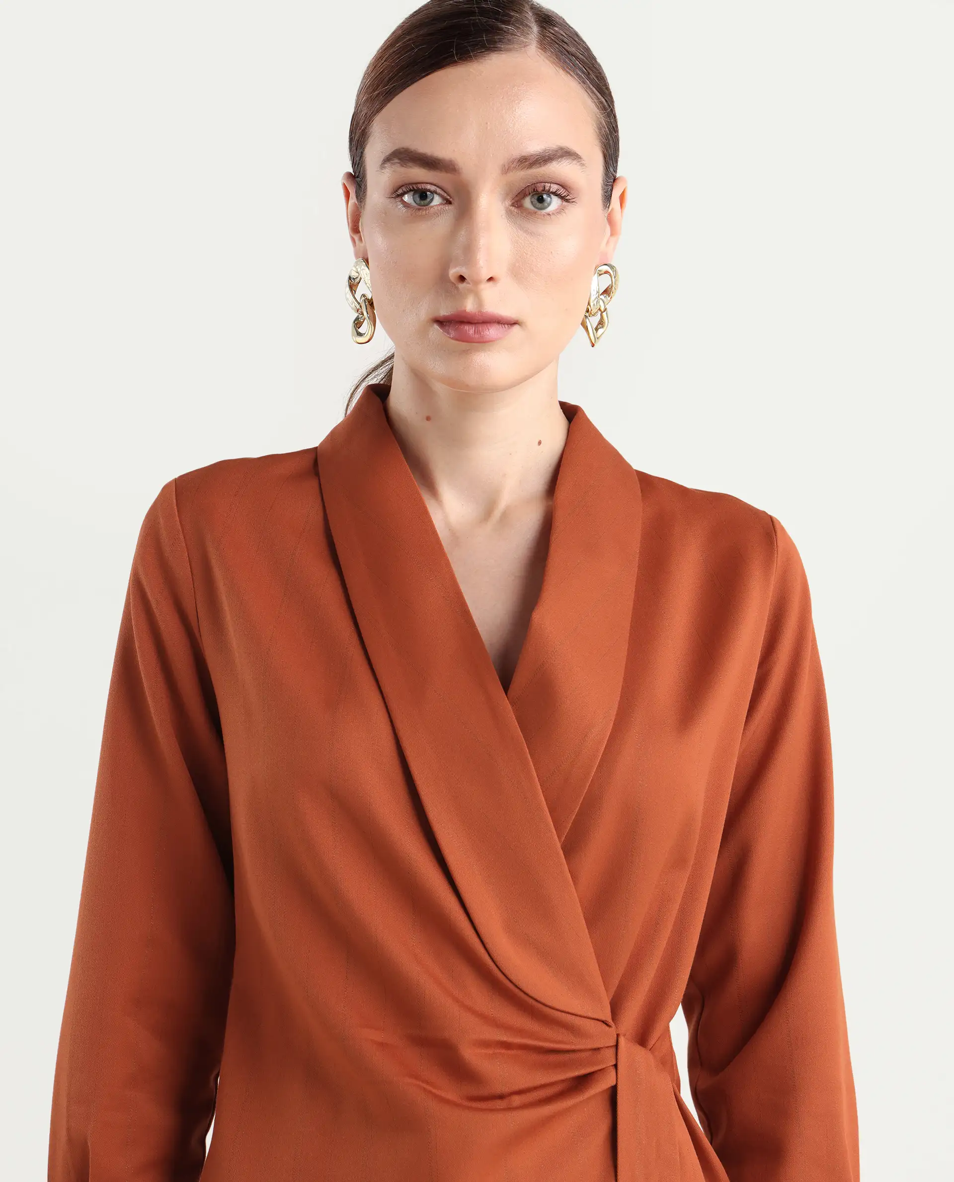 Rareism Women's Nublin-T Rust Polyester Blend Full Sleeve Lapel Neck Regular Fit Top - Image 4