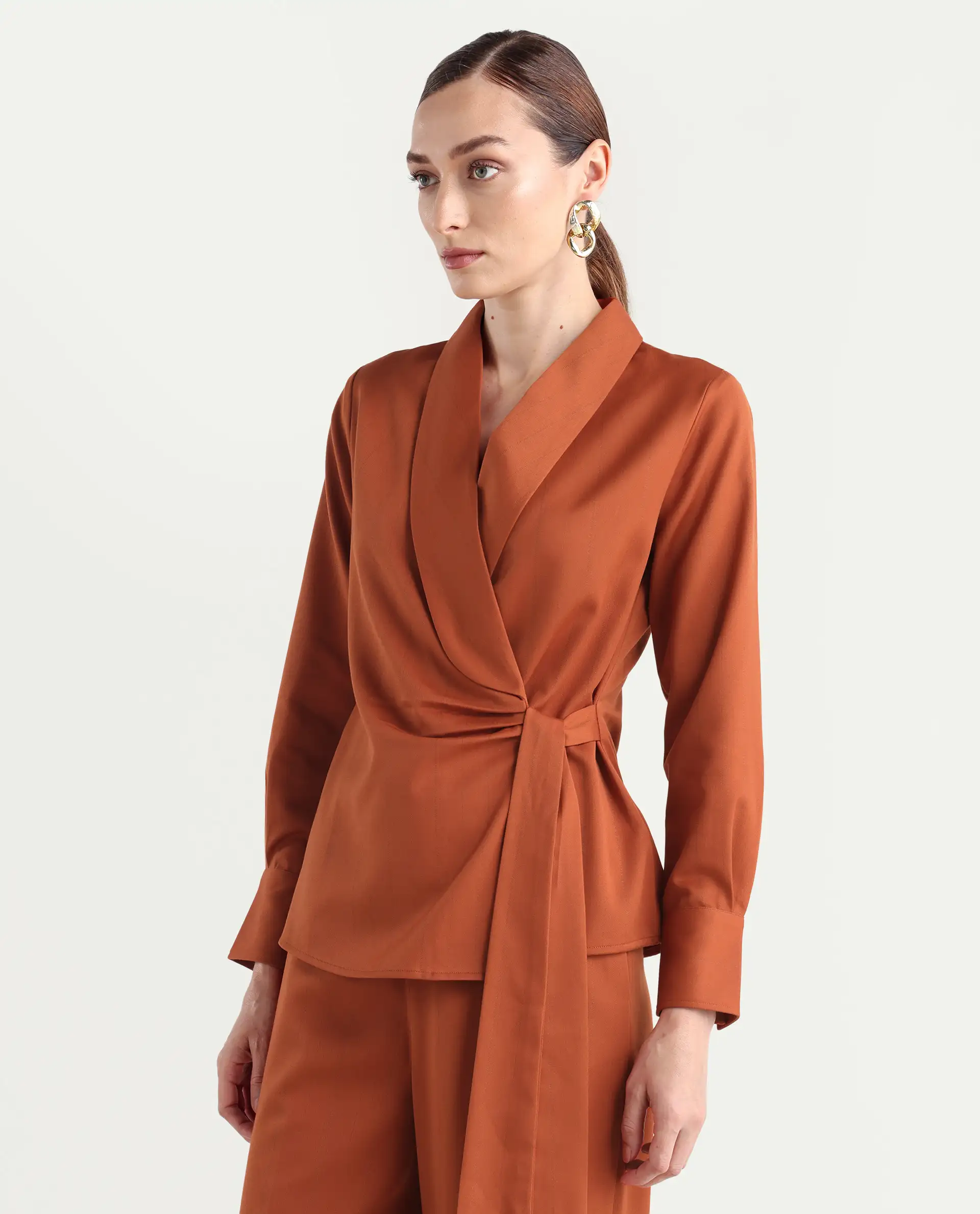 Rareism Women's Nublin-T Rust Polyester Blend Full Sleeve Lapel Neck Regular Fit Top - Image 6