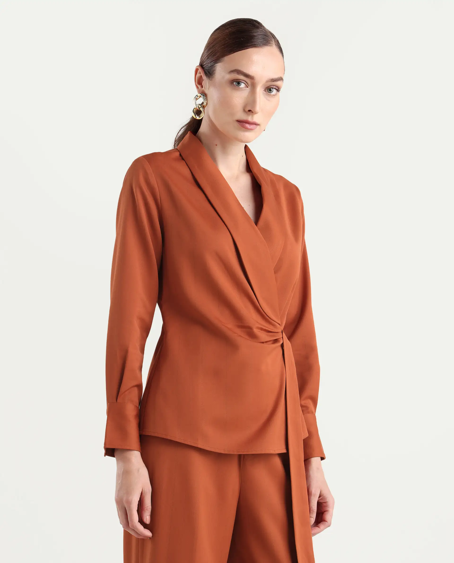 Rareism Women's Nublin-T Rust Polyester Blend Full Sleeve Lapel Neck Regular Fit Top - Image 7