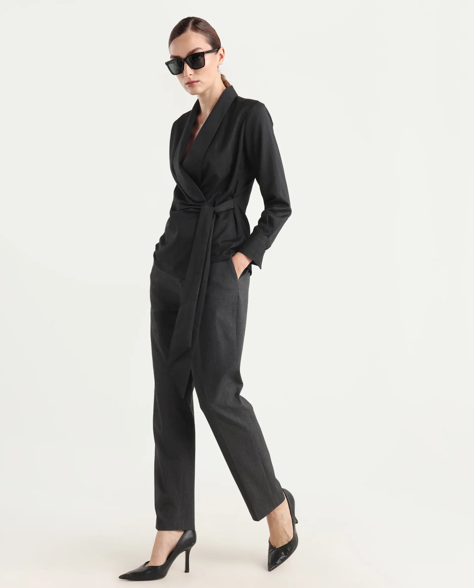 Rareism Women Nublin Black Cuffed Sleeve Lapel Neck Tie-Up Closure Plain Top - Image 2