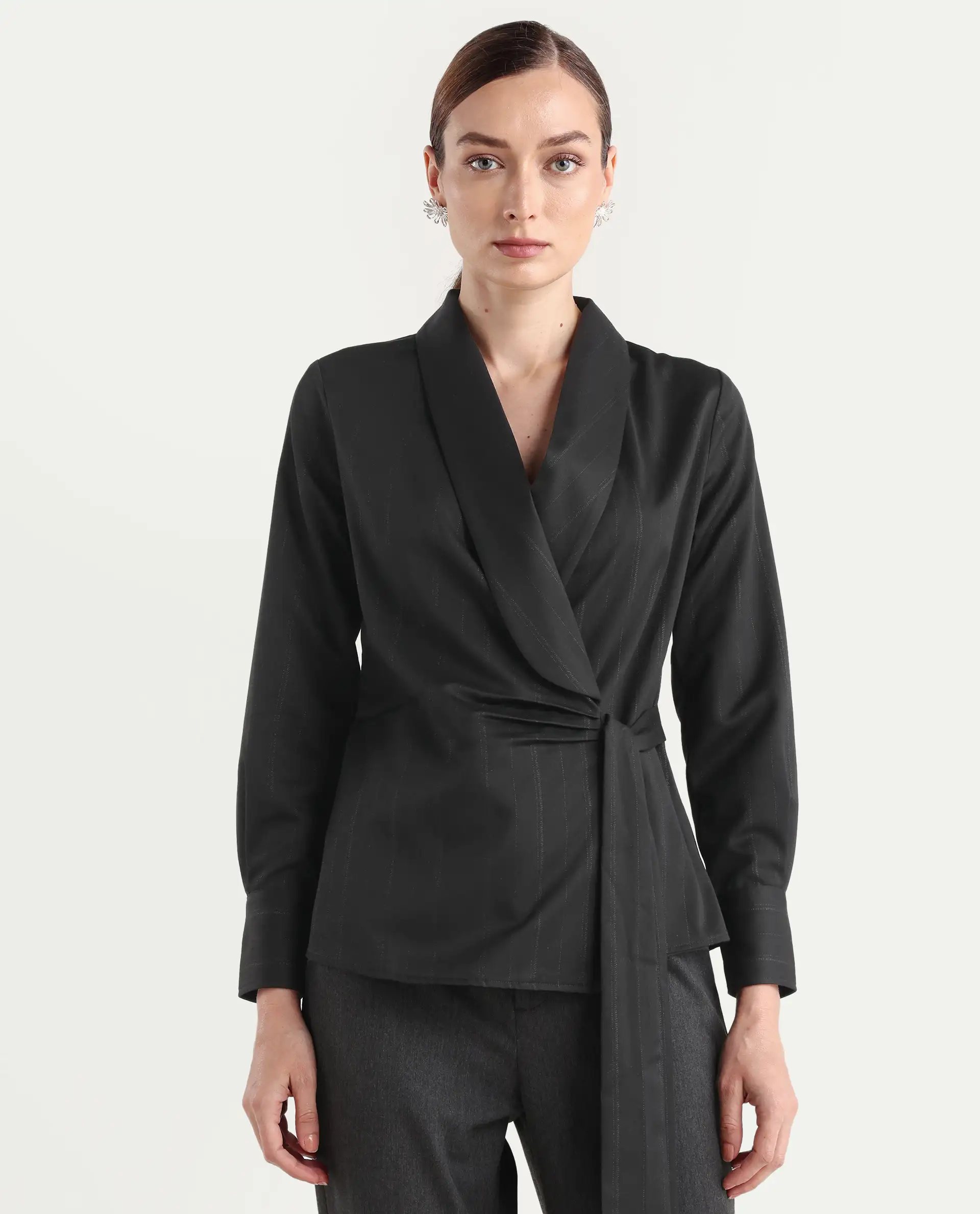 Rareism Women Nublin Black Cuffed Sleeve Lapel Neck Tie-Up Closure Plain Top - Image 4