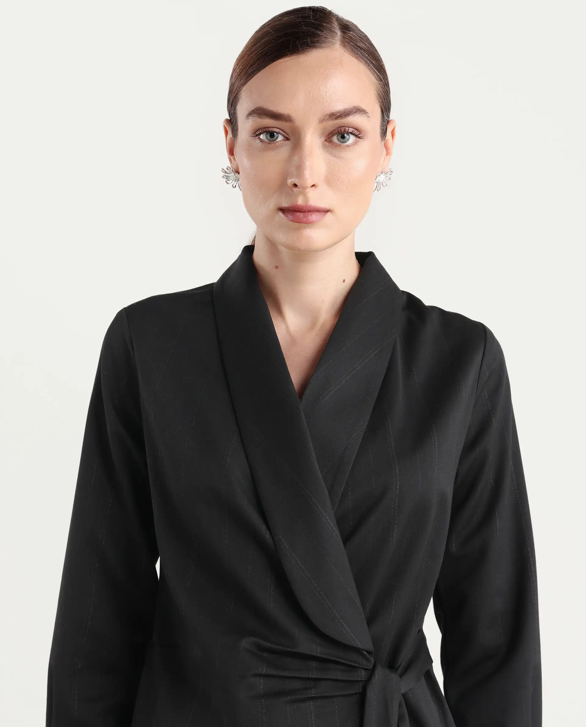 Rareism Women Nublin Black Cuffed Sleeve Lapel Neck Tie-Up Closure Plain Top - Image 5