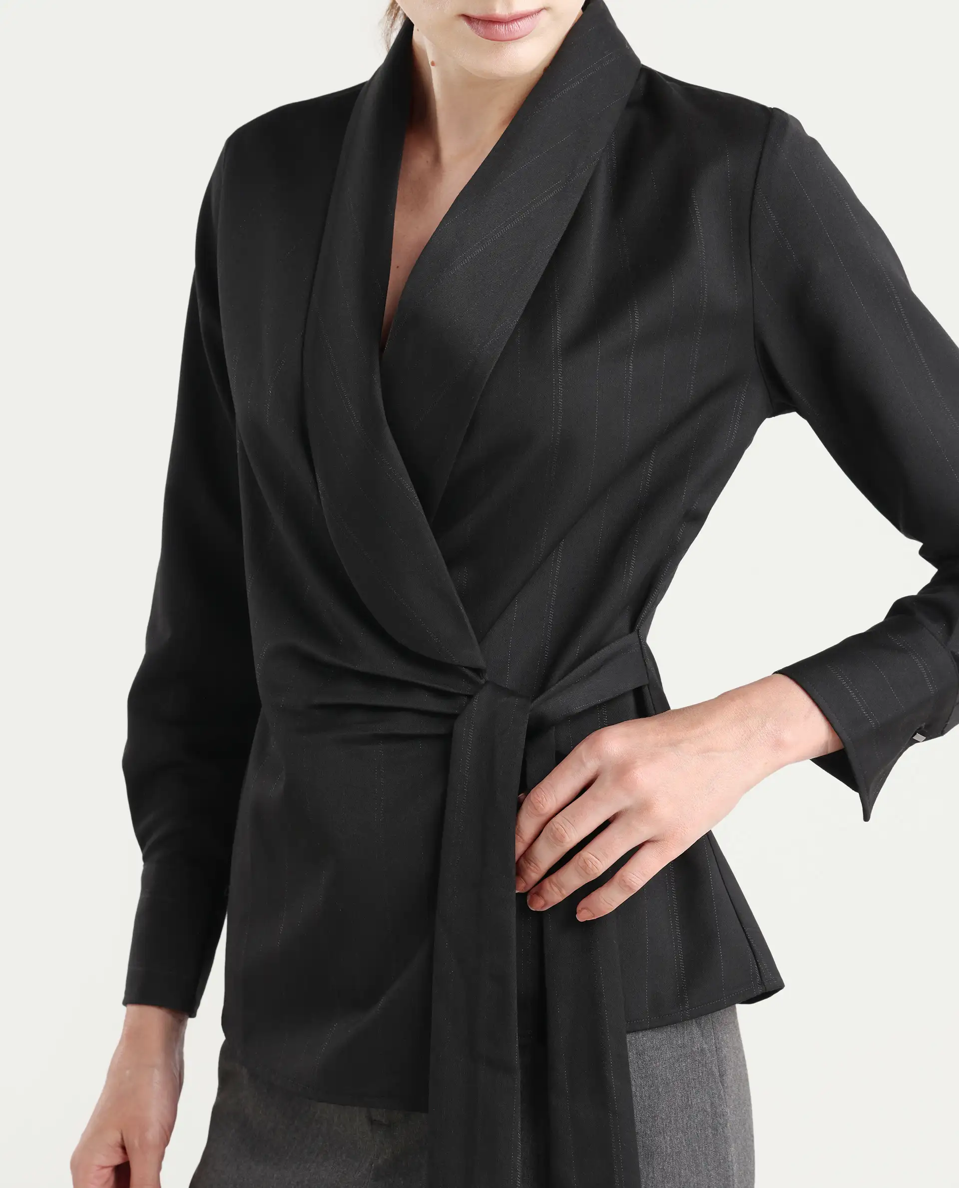 Rareism Women Nublin Black Cuffed Sleeve Lapel Neck Tie-Up Closure Plain Top - Image 6