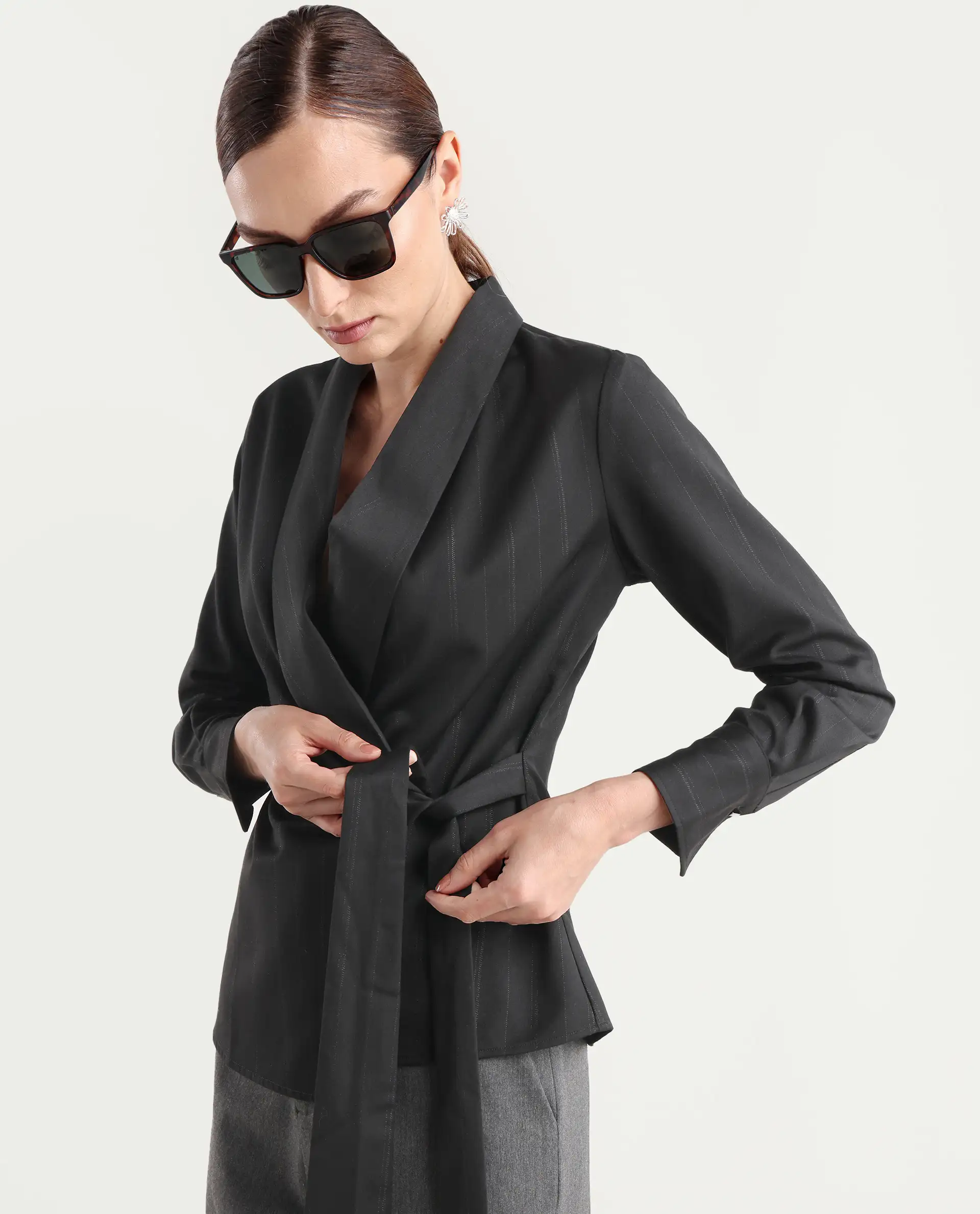 Rareism Women Nublin Black Cuffed Sleeve Lapel Neck Tie-Up Closure Plain Top - Image 7