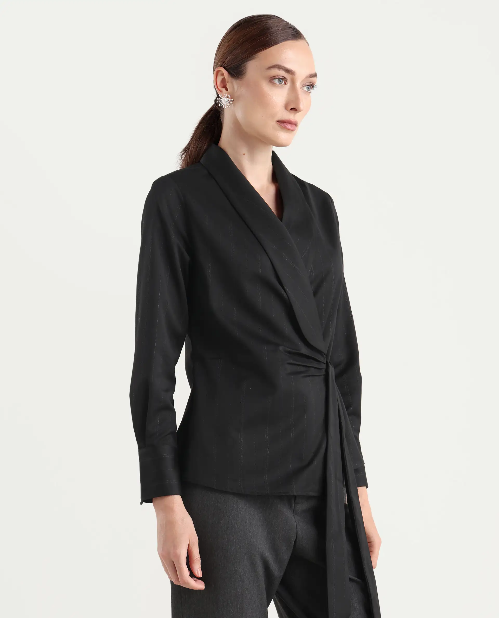 Rareism Women Nublin Black Cuffed Sleeve Lapel Neck Tie-Up Closure Plain Top - Image 8