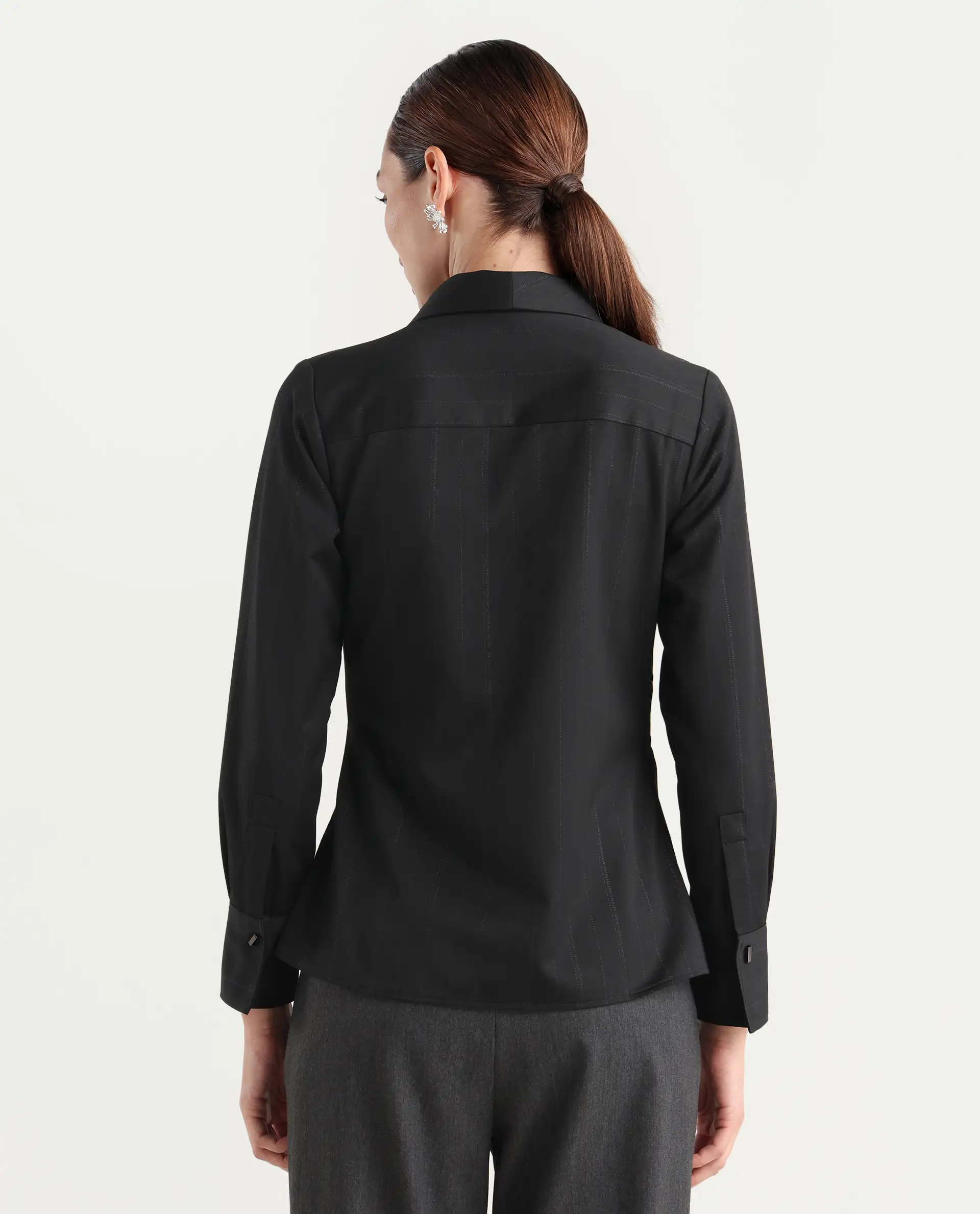 Rareism Women Nublin Black Cuffed Sleeve Lapel Neck Tie-Up Closure Plain Top - Image 9