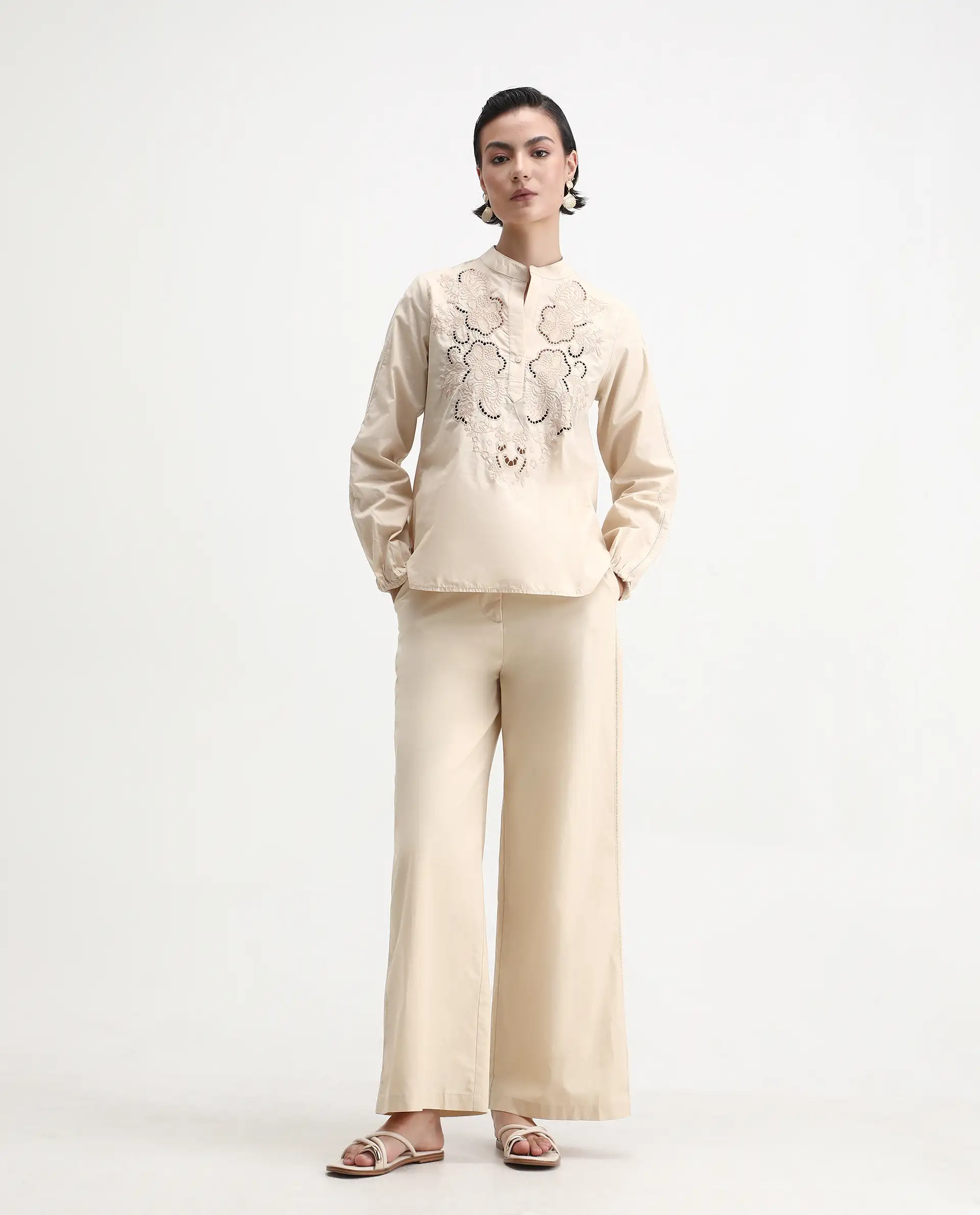 Rareism Women's Nucut-B Beige Cotton Straight Fit Trouser