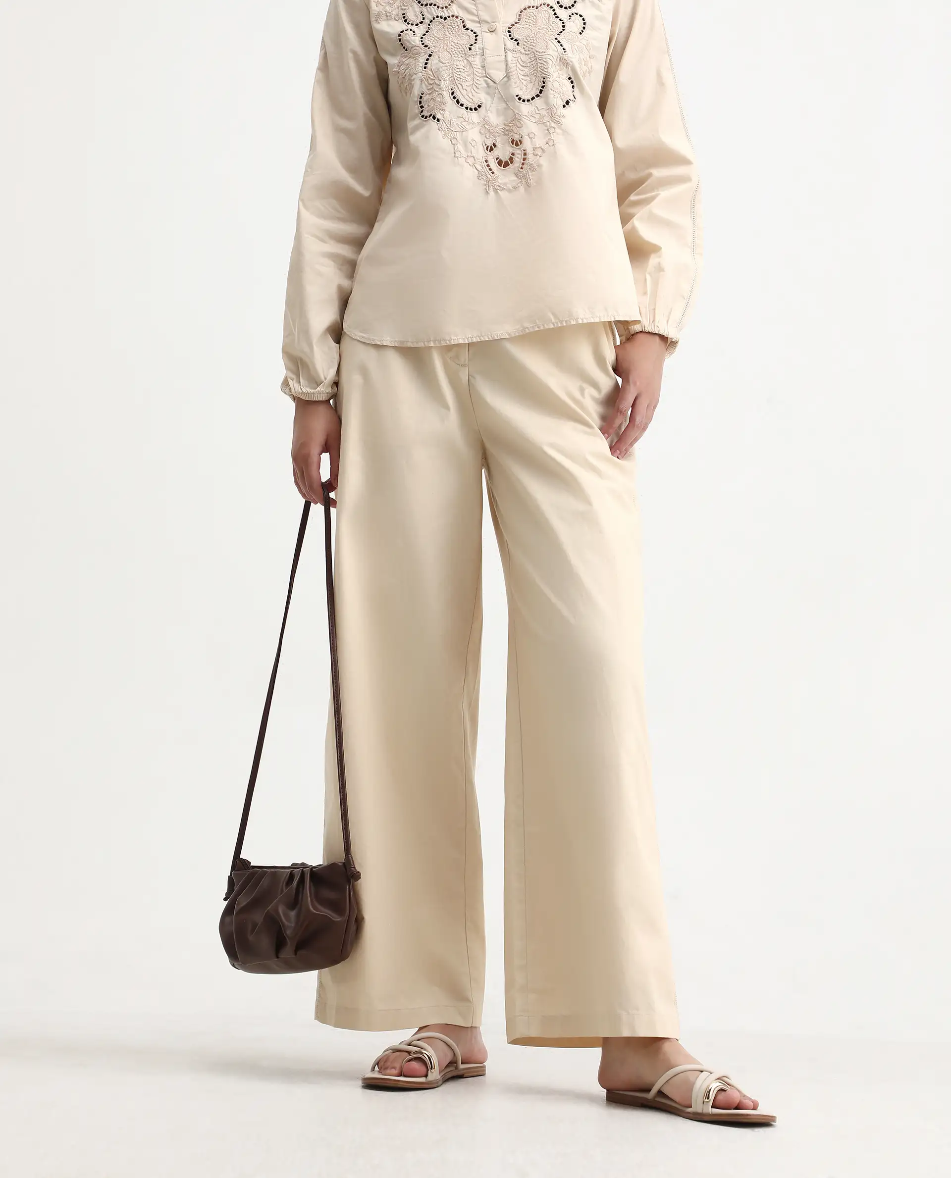 Rareism Women's Nucut-B Beige Cotton Straight Fit Trouser - Image 2