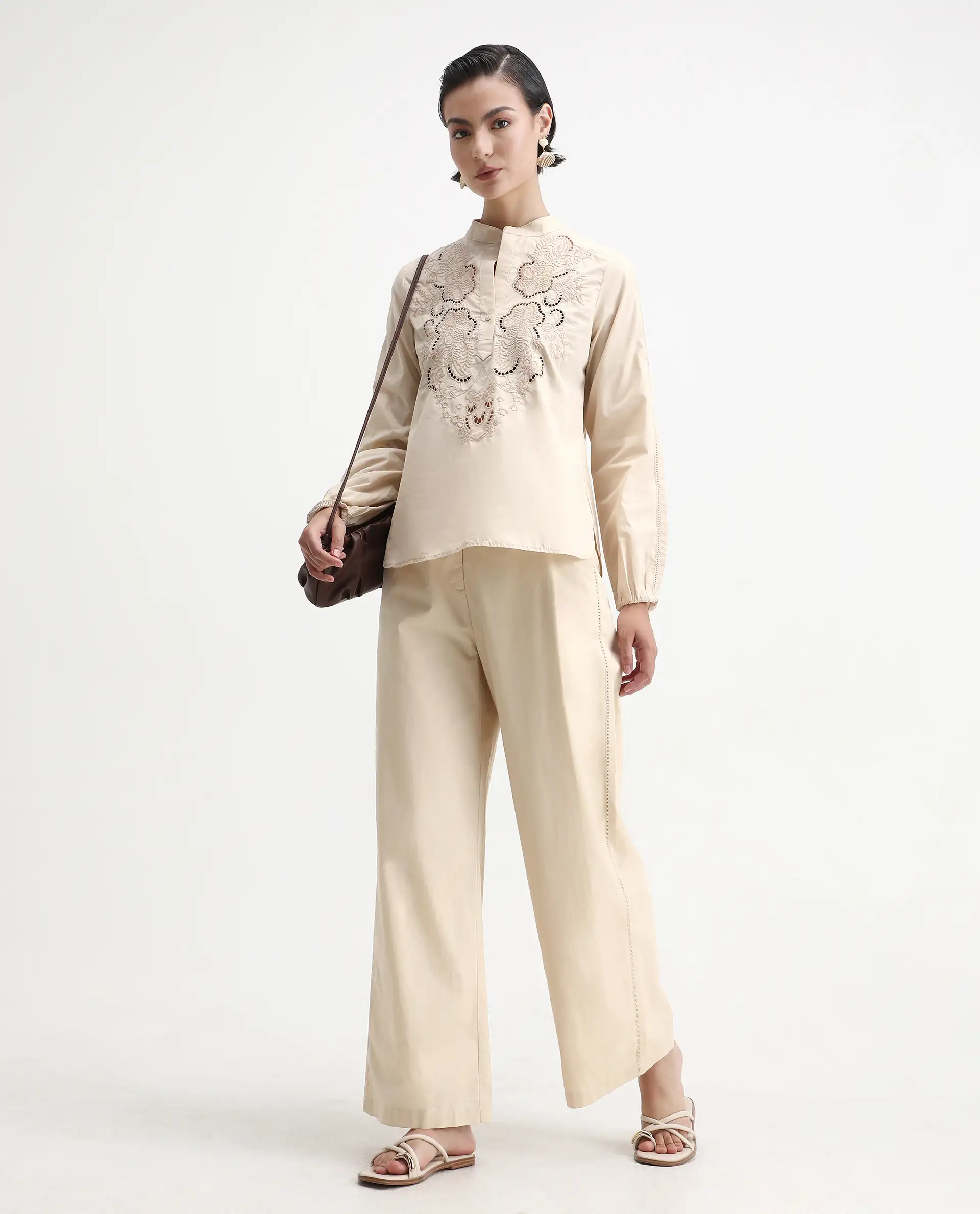 Rareism Women's Nucut-B Beige Cotton Straight Fit Trouser - Image 3