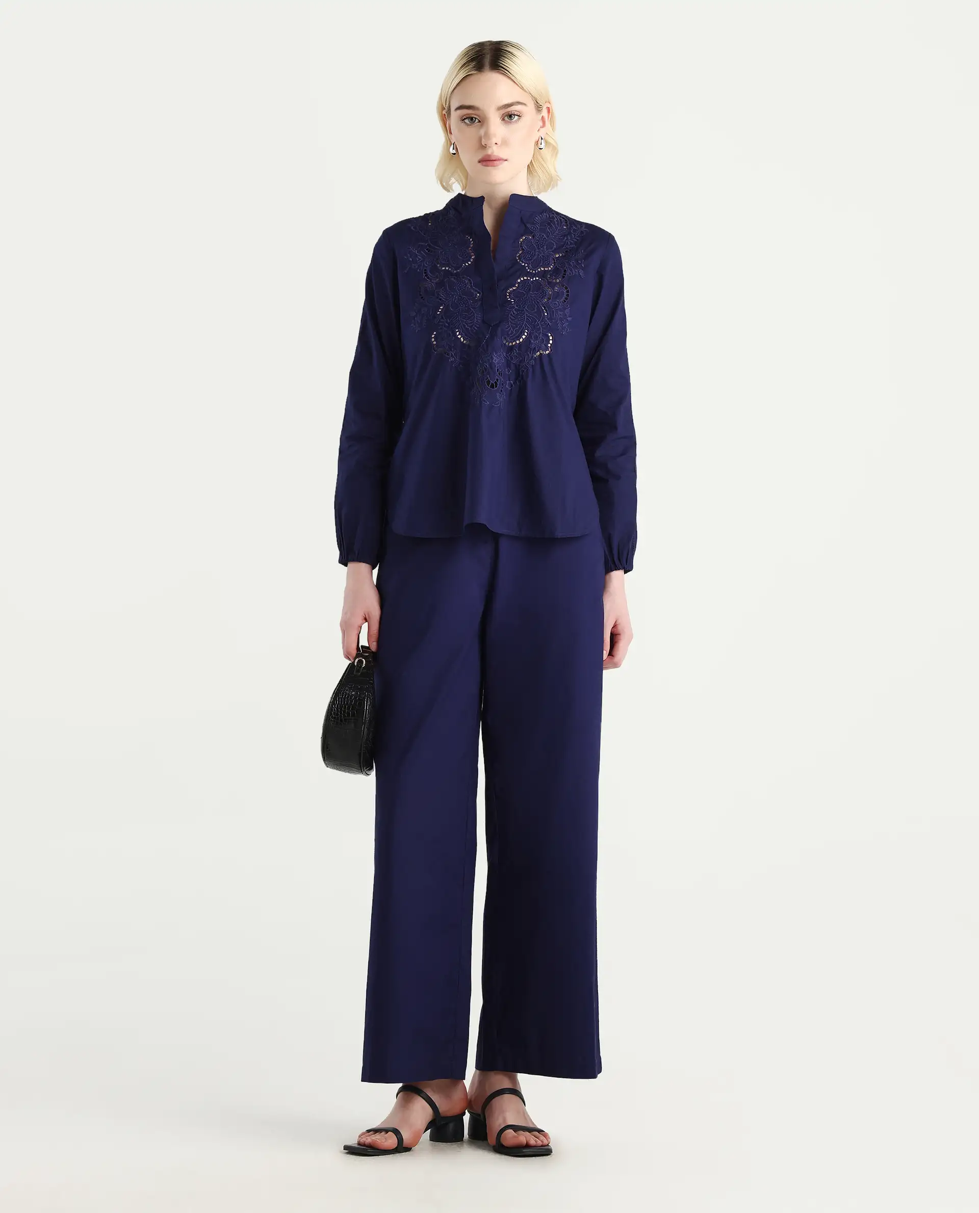 Rareism Women's Nucut-B Navy 100% Cotton Straight Fit Trouser